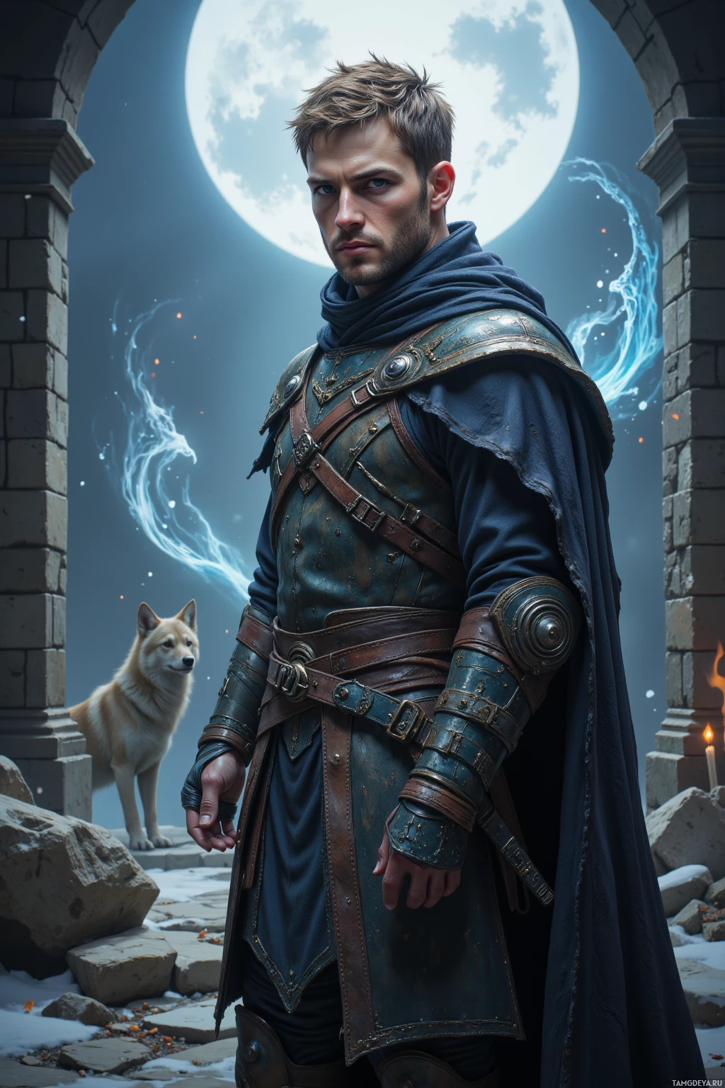 A warrior in medieval armor stands beside a wolf under a full moon.