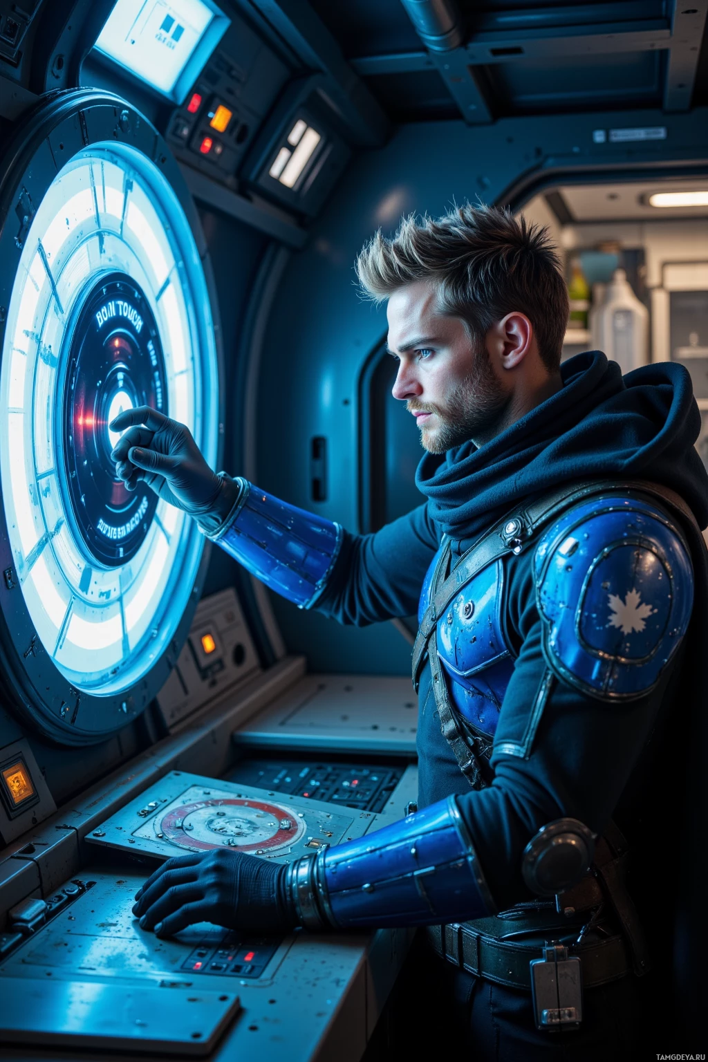 A person in futuristic armor operates a high-tech control panel inside a spacecraft.