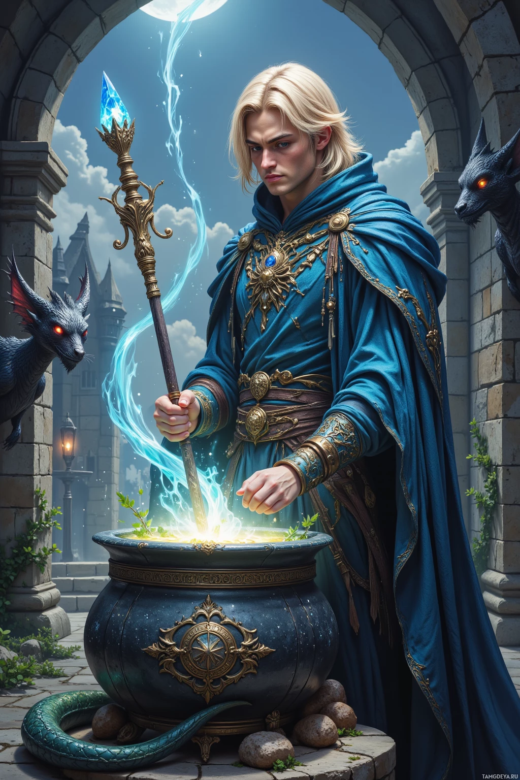 A wizard in blue robes stands beside a glowing cauldron, holding a staff with a blue flame, with two dragon-like creatures nearby.