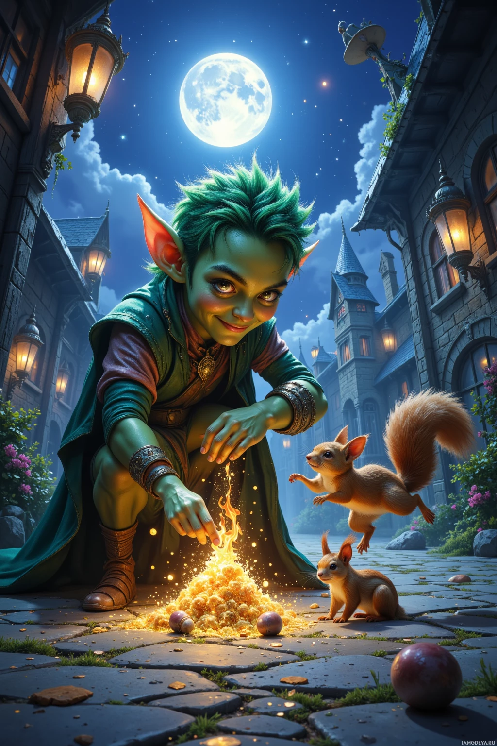 A whimsical scene featuring a green-skinned character with pointed ears, a squirrel, and a glowing magical orb in a medieval-style courtyard under a full moon.