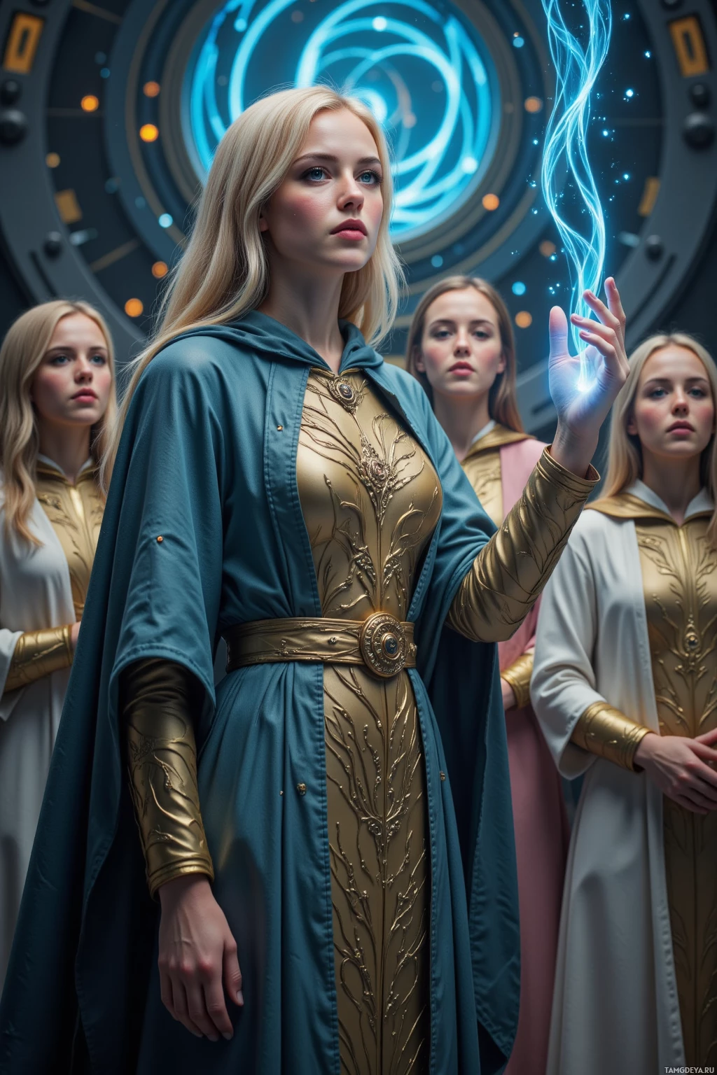 A group of women in ornate, medieval-style attire stand in front of a glowing, circular portal.