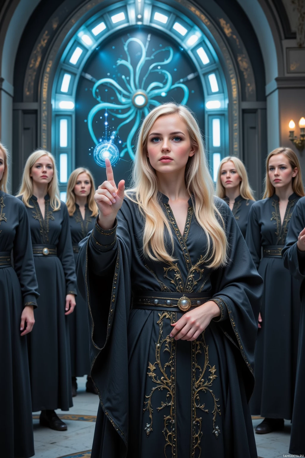 A woman in an ornate robe stands in front of a group of similarly dressed individuals, with a glowing emblem in the background.