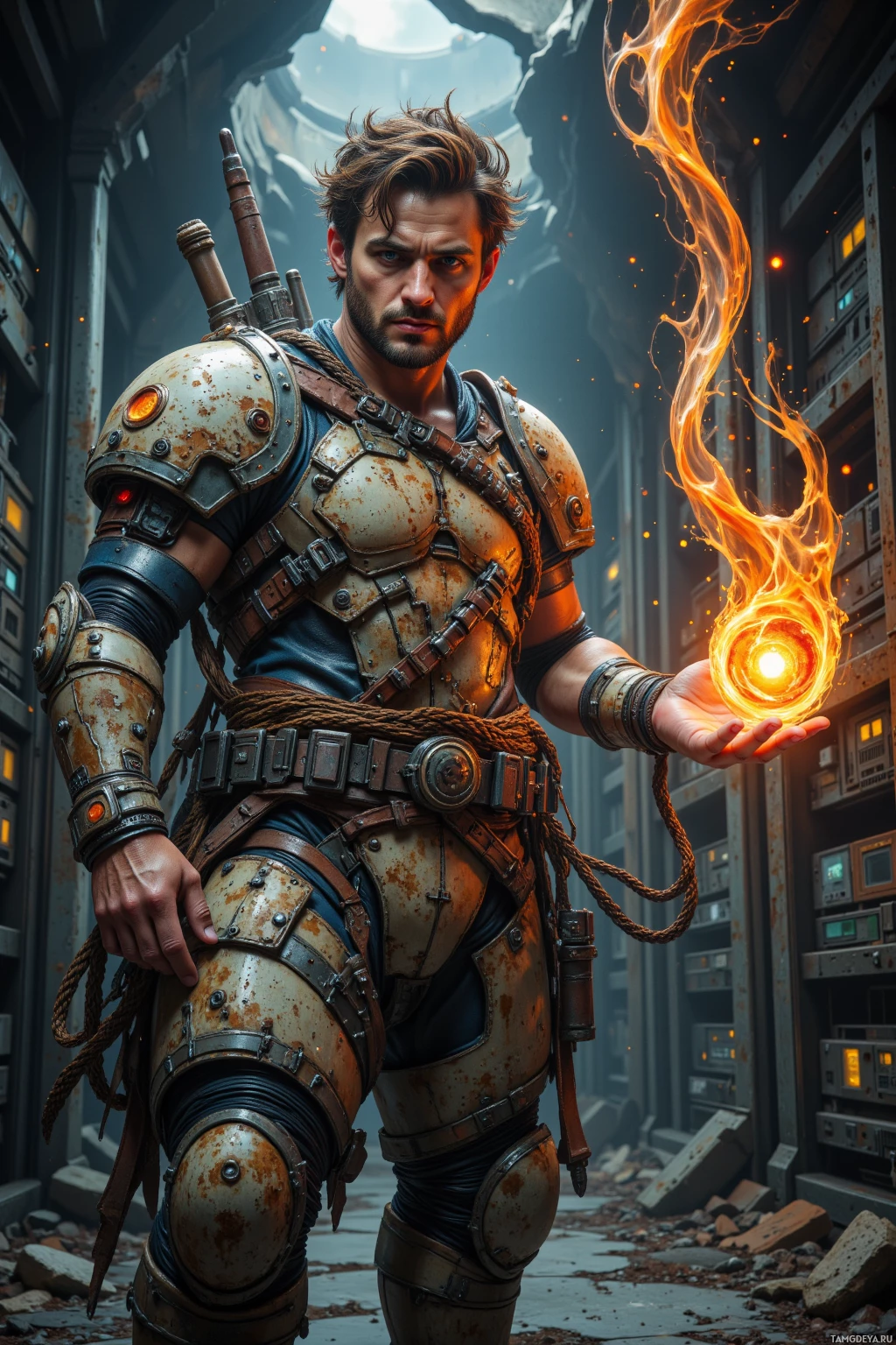 A rugged, armored figure stands in a dimly lit, industrial setting, holding a glowing, fiery orb.