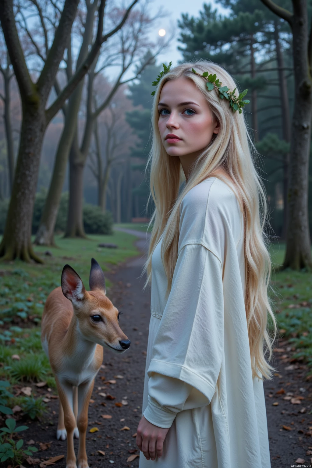 A person with long blonde hair and a deer in a forest setting.