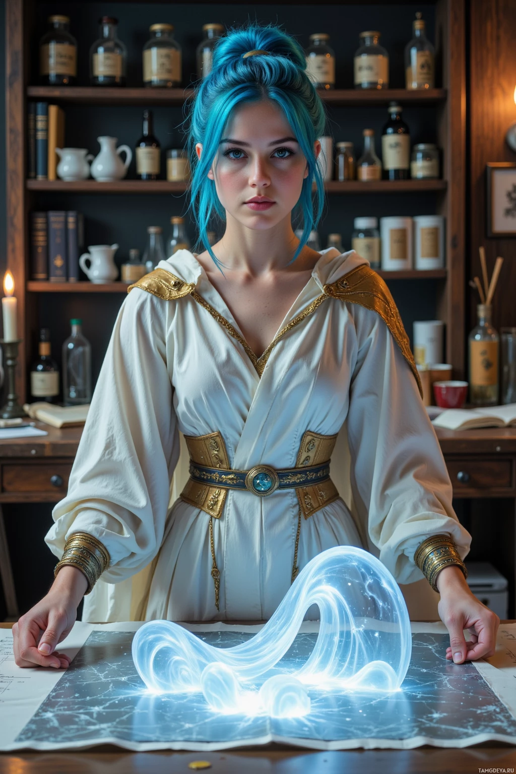 A woman in a white and gold robe stands beside a glowing, intricate object on a table.