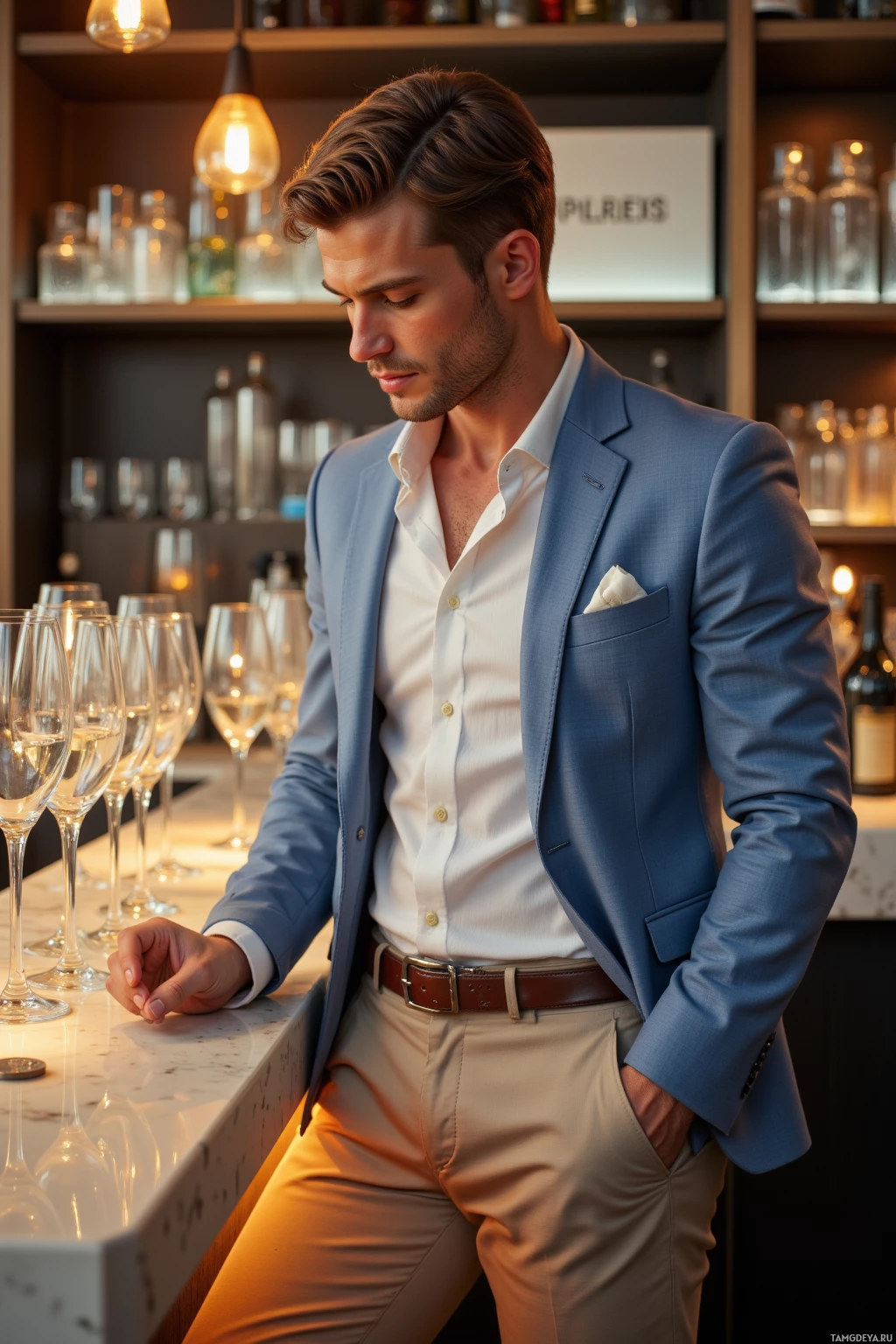 A man in a light blue suit and white shirt stands at a bar, leaning casually with his hand in his pocket.