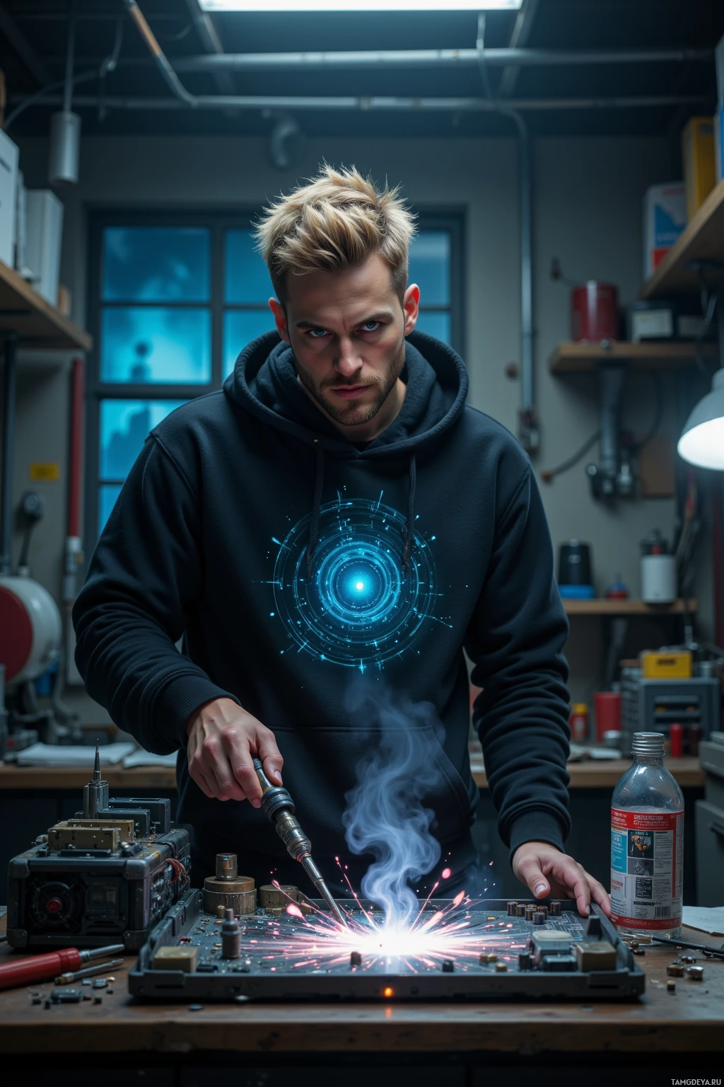 A person in a hoodie is soldering a circuit board in a workshop.