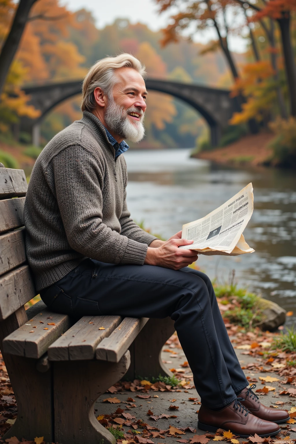 A man sits on a bench by a river, reading a newspaper, with autumn foliage and a bridge in the background.