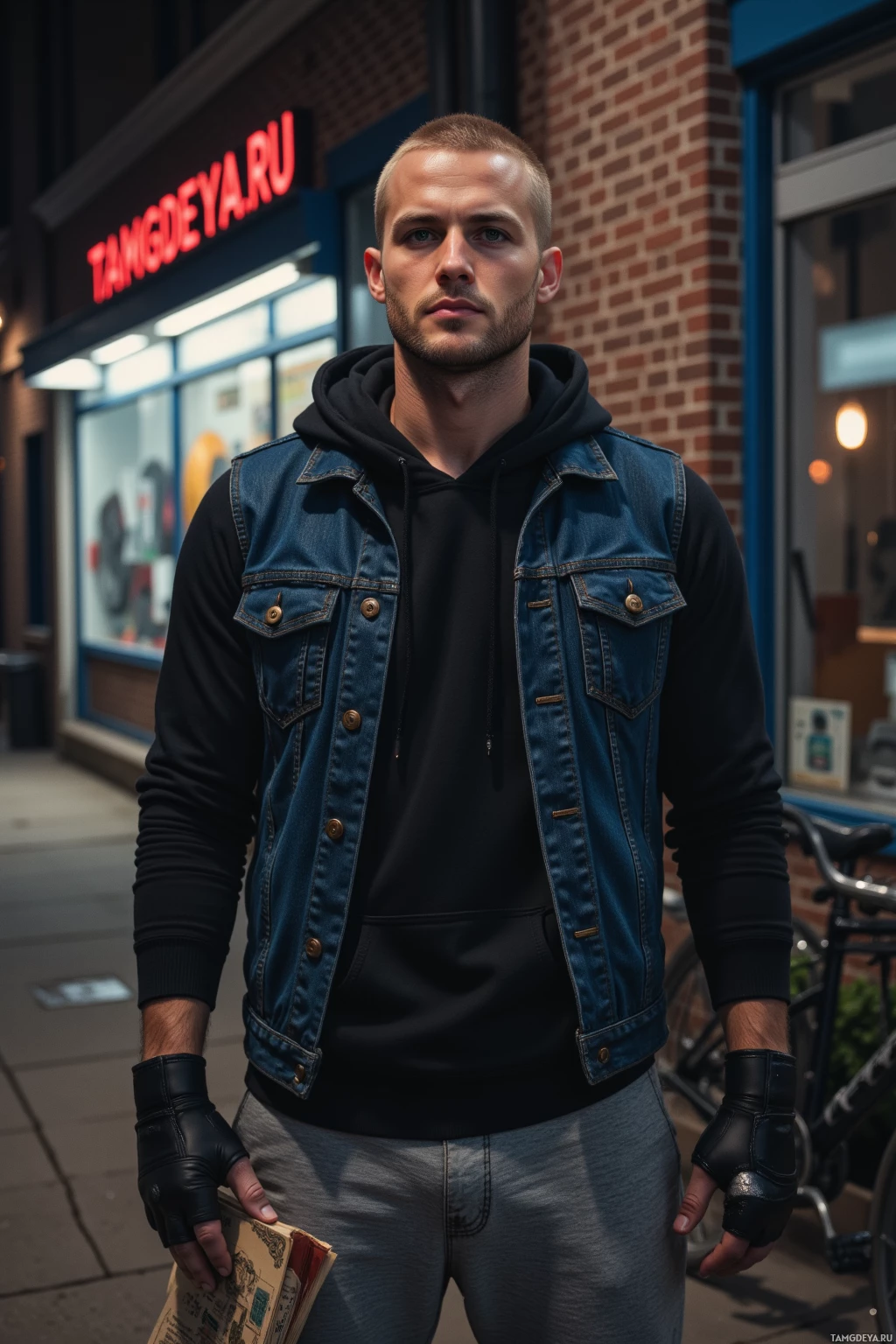 A man stands on a sidewalk wearing a denim vest over a black hoodie and gray pants, holding a book.