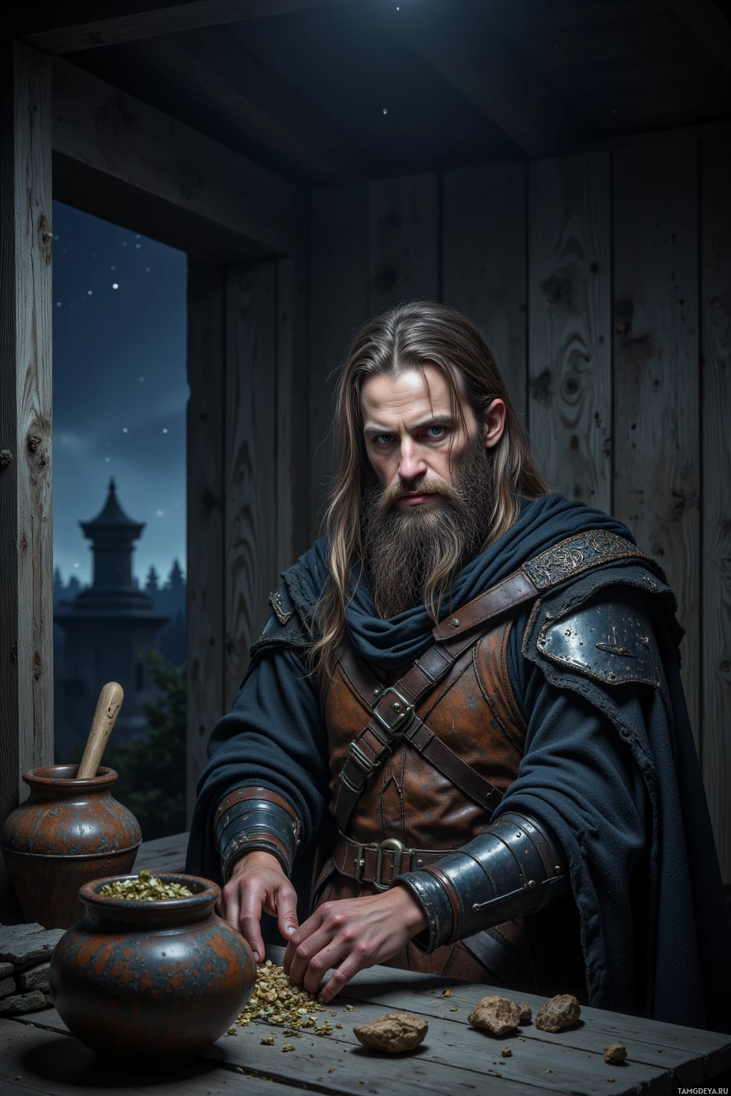 A man in medieval attire stands by a table with a mortar and pestle, surrounded by a rustic wooden interior.