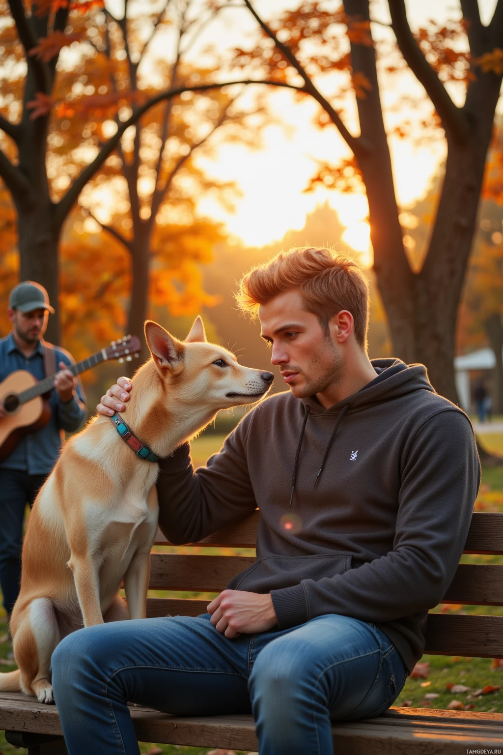 A man sits on a bench with a dog, both gazing at each other, while another person plays guitar in the background.