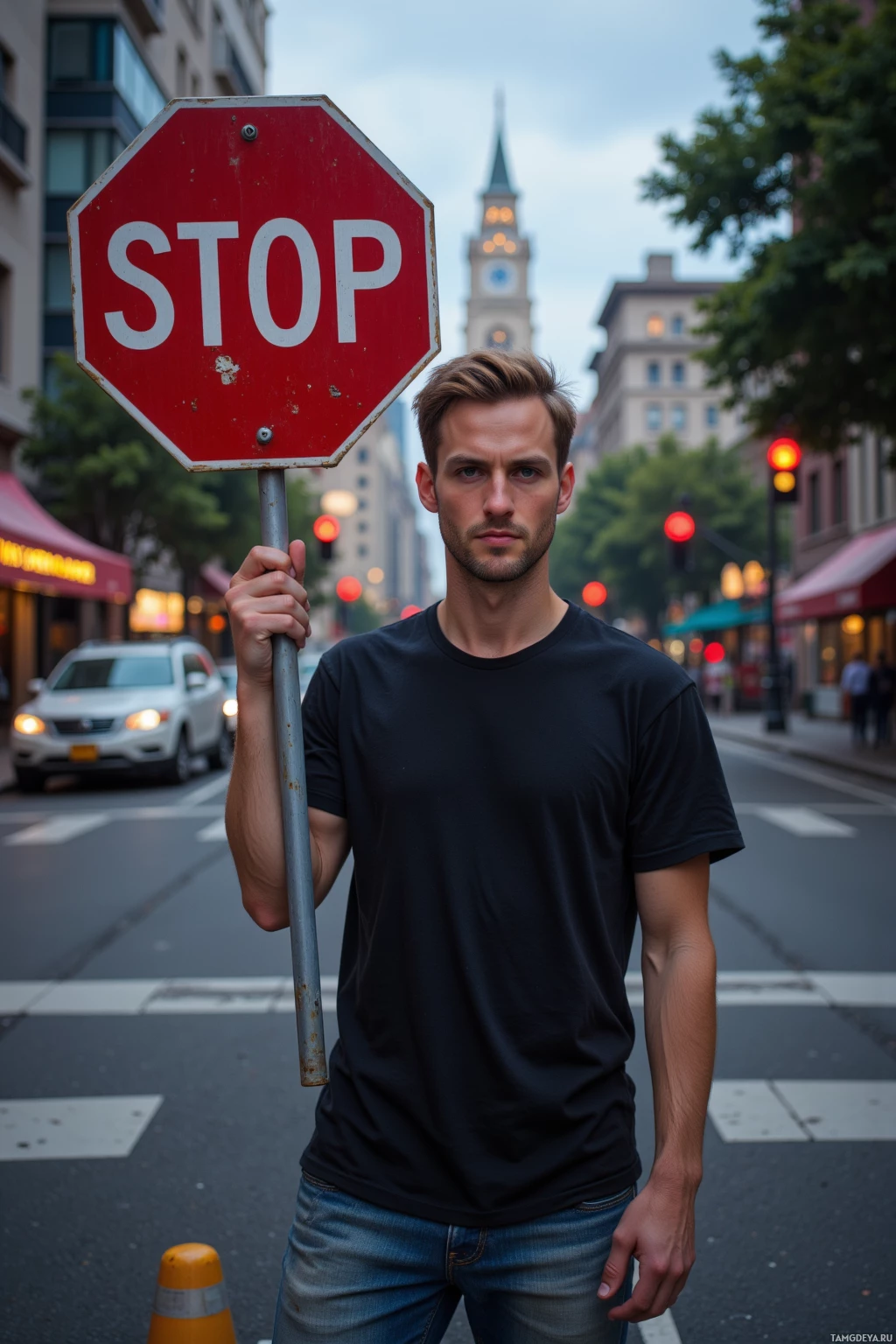 A man stands on a city street holding a stop sign.