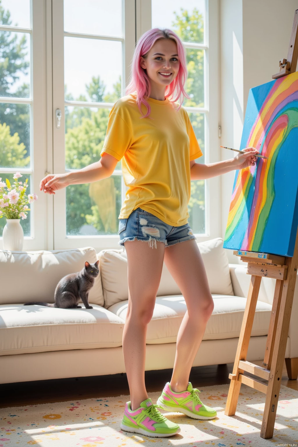 A person with pink hair stands painting a rainbow on an easel in a bright, sunlit room.