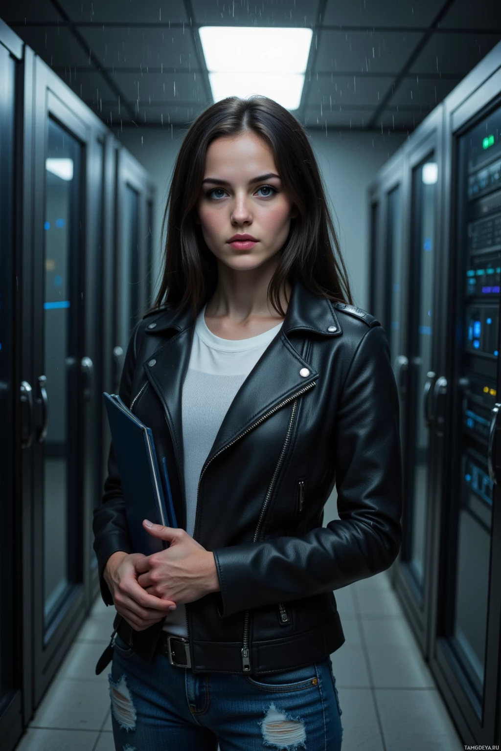 A woman in a leather jacket stands in a server room.