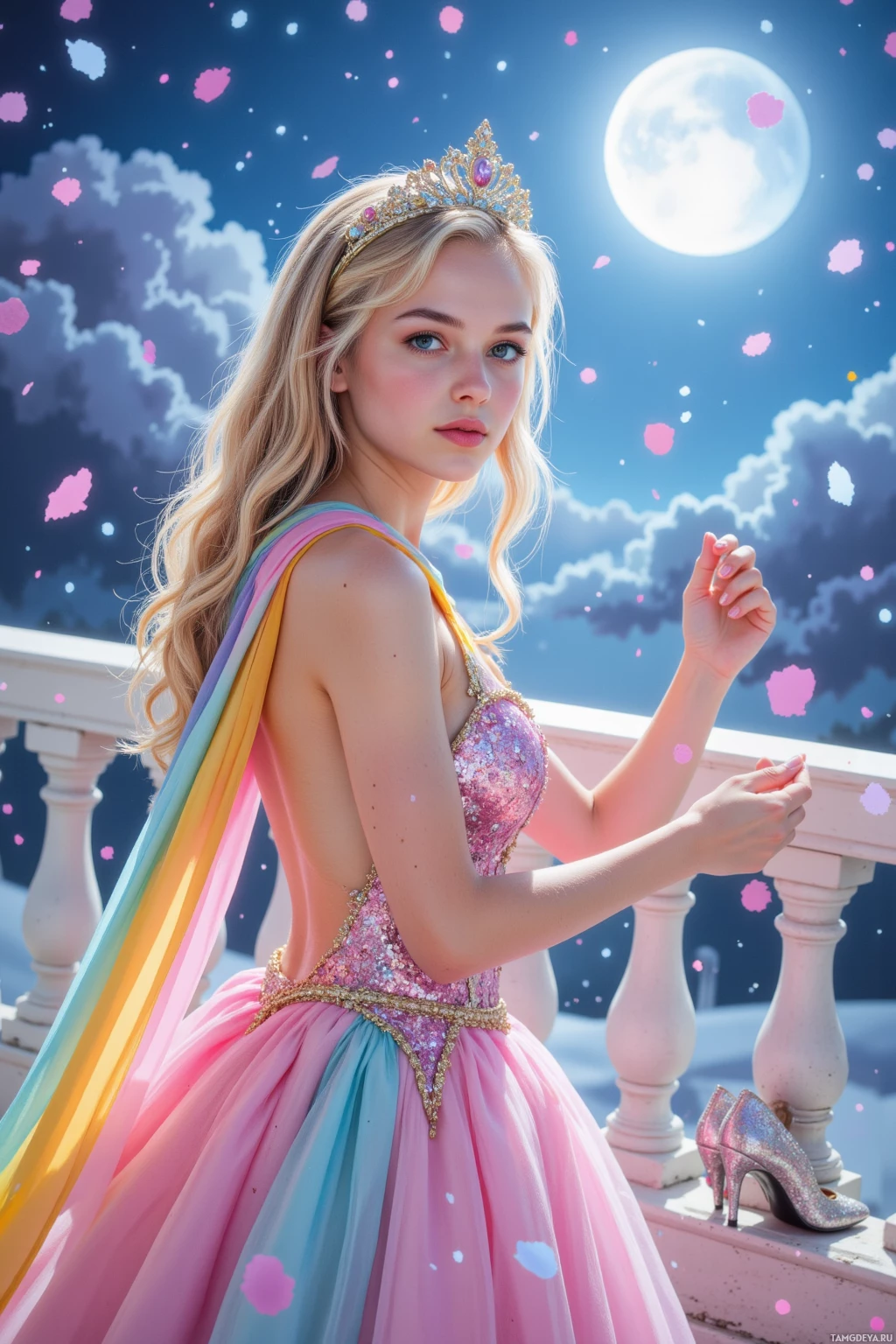 A young woman in a colorful, sparkly dress and crown stands on a balcony under a night sky with a full moon.