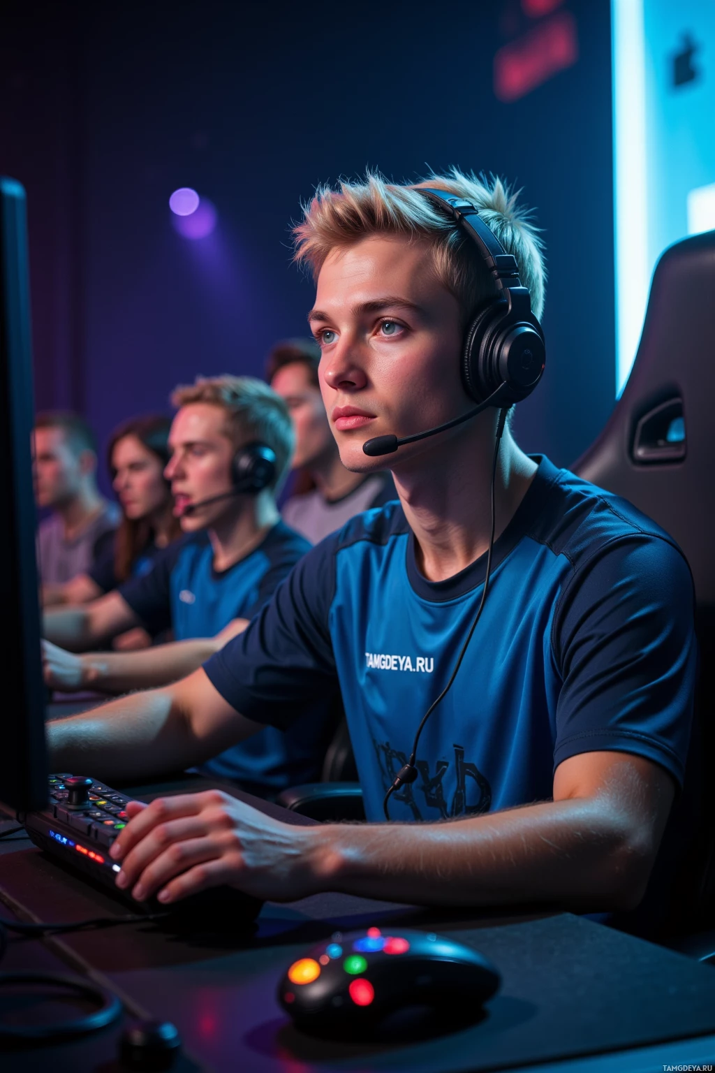 A group of gamers wearing headsets are focused on their screens in a dimly lit room.
