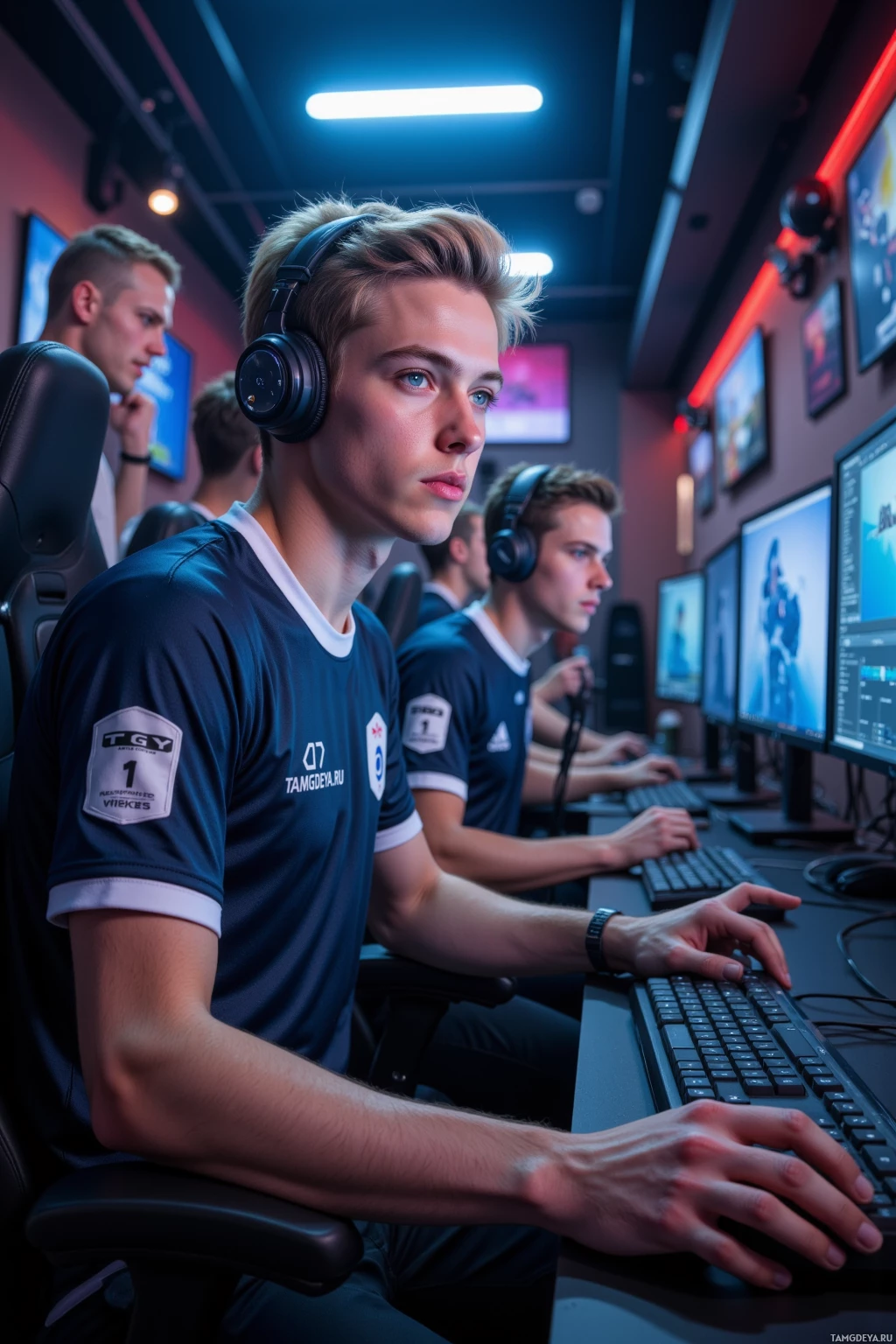 A group of gamers in matching jerseys focus intently on their computer screens in a dimly lit gaming room.