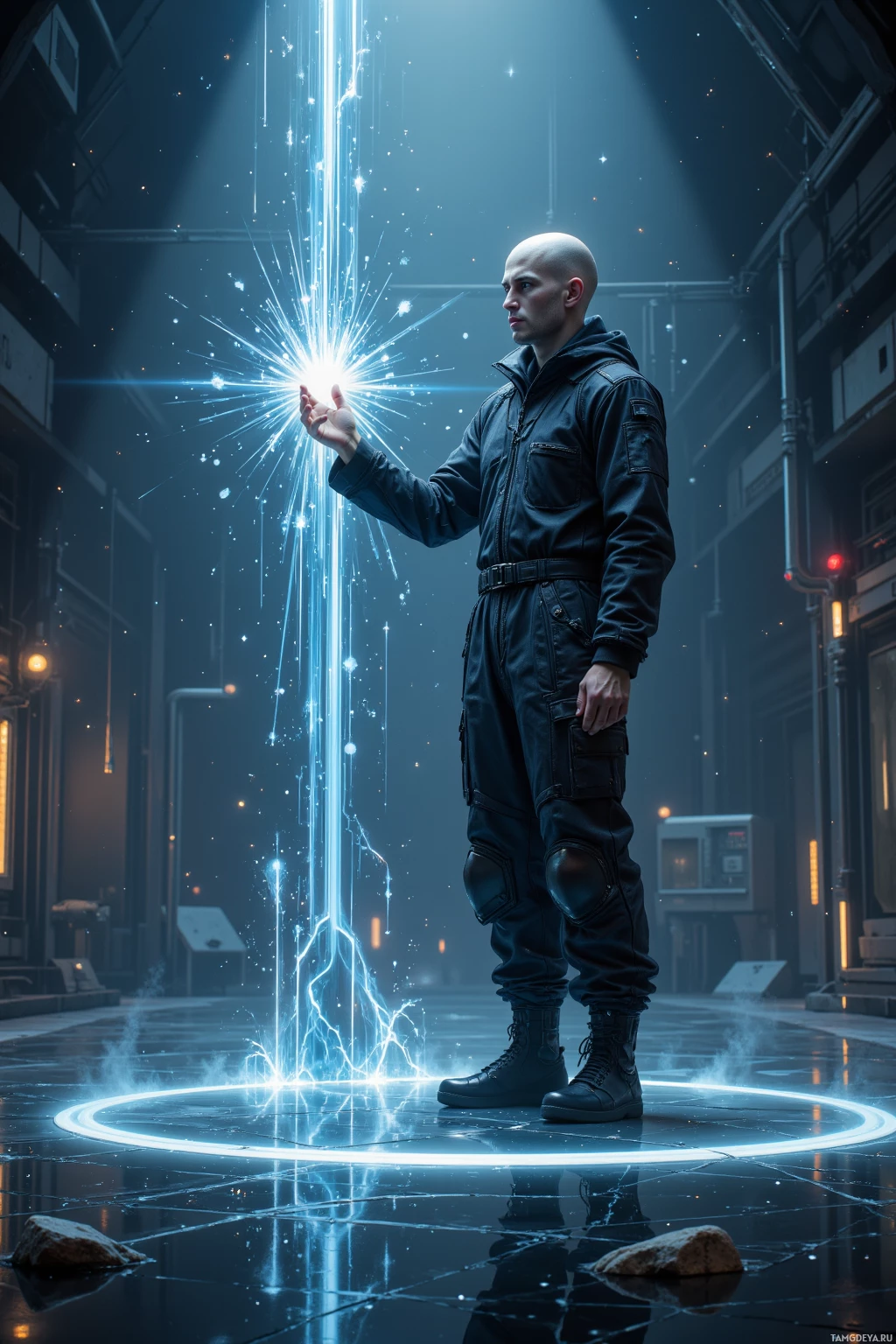 A person in a futuristic outfit stands in a dimly lit, high-tech environment with a glowing, energy-filled circle beneath their feet.