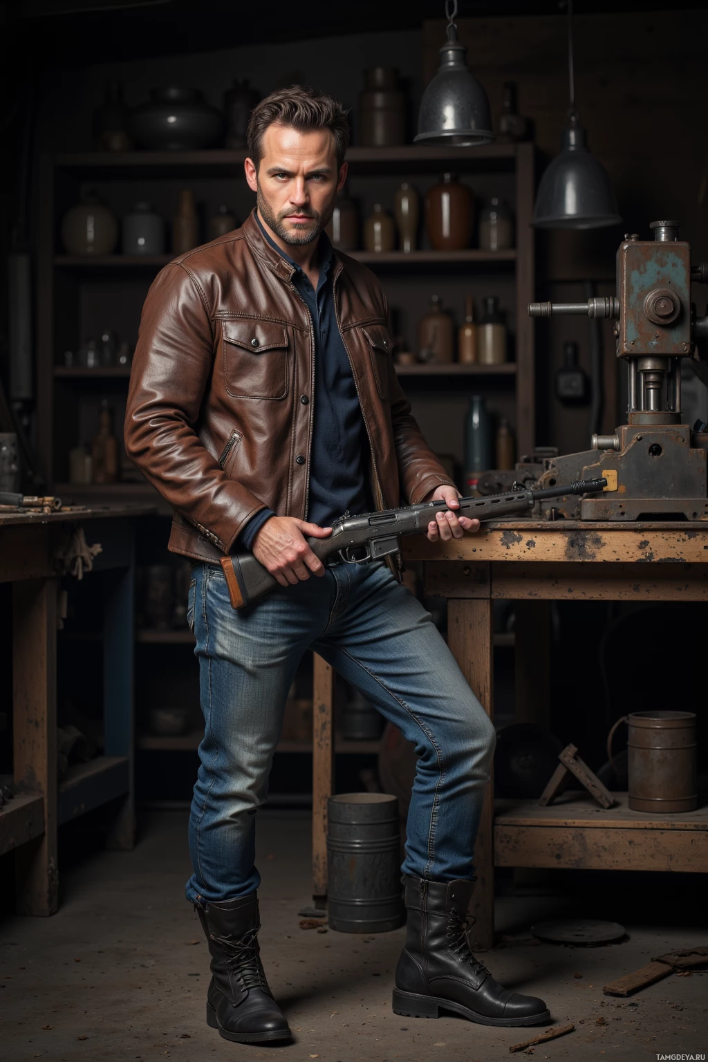 A man in a leather jacket and jeans stands in a workshop holding a rifle.