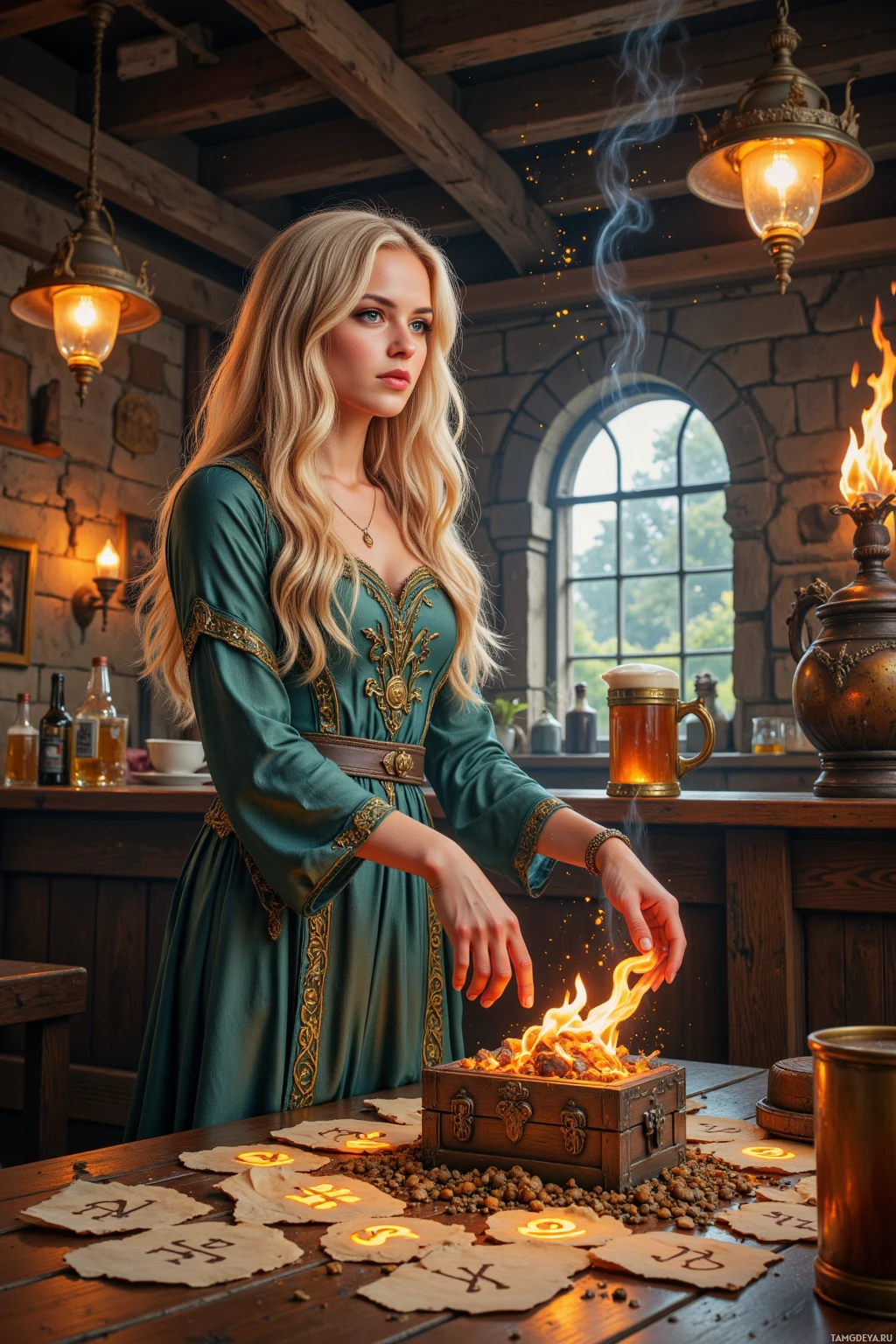 A woman in a medieval-style dress stands beside a table with a burning chest and scattered papers.