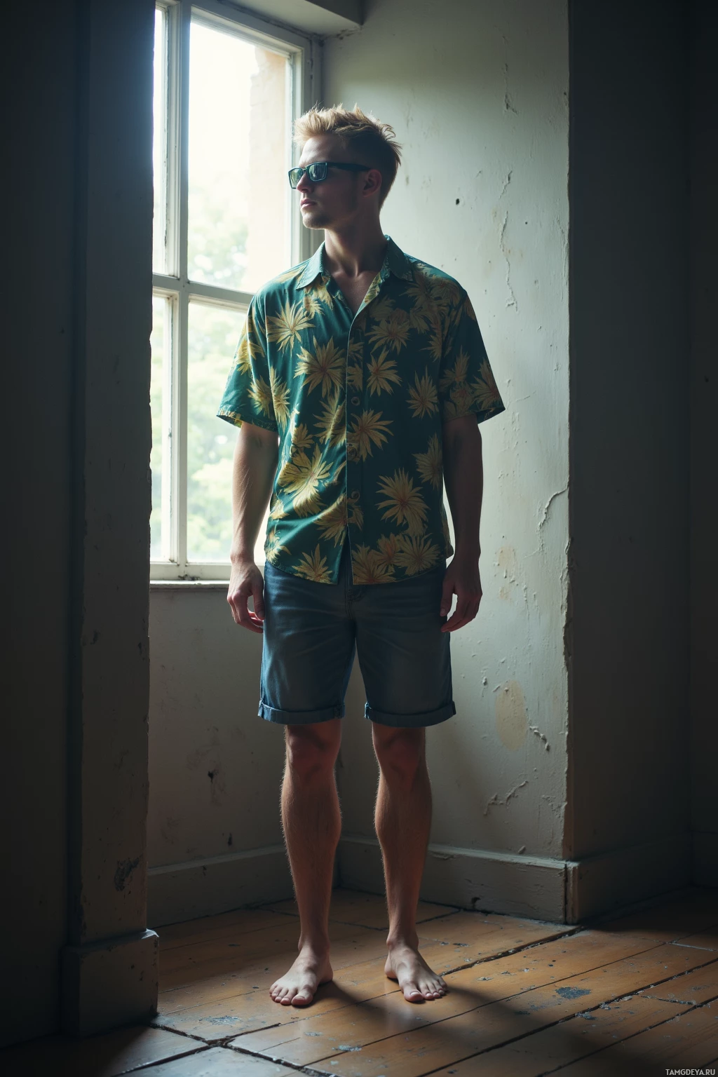 A person stands barefoot by a window, wearing a floral shirt and shorts.