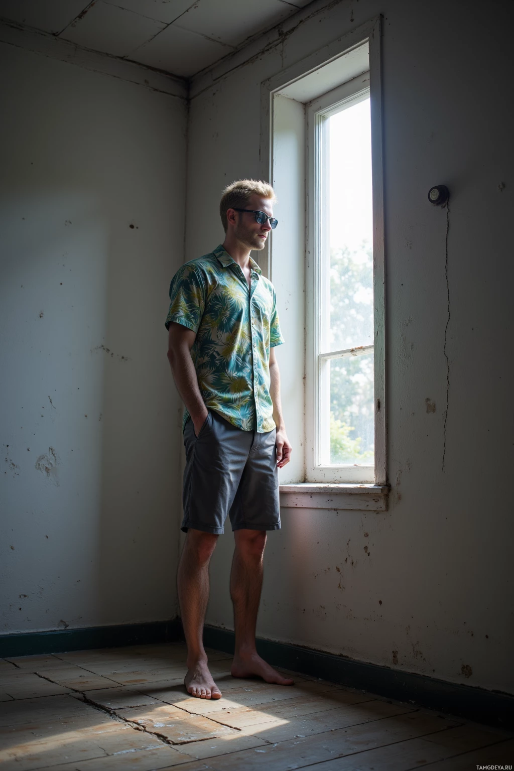 A man stands barefoot by a window in a dimly lit room.