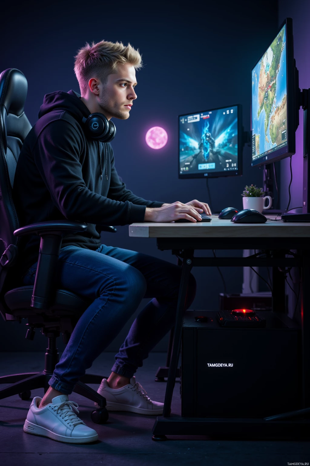 A person is sitting at a desk with a computer, wearing headphones and focused on the screen.