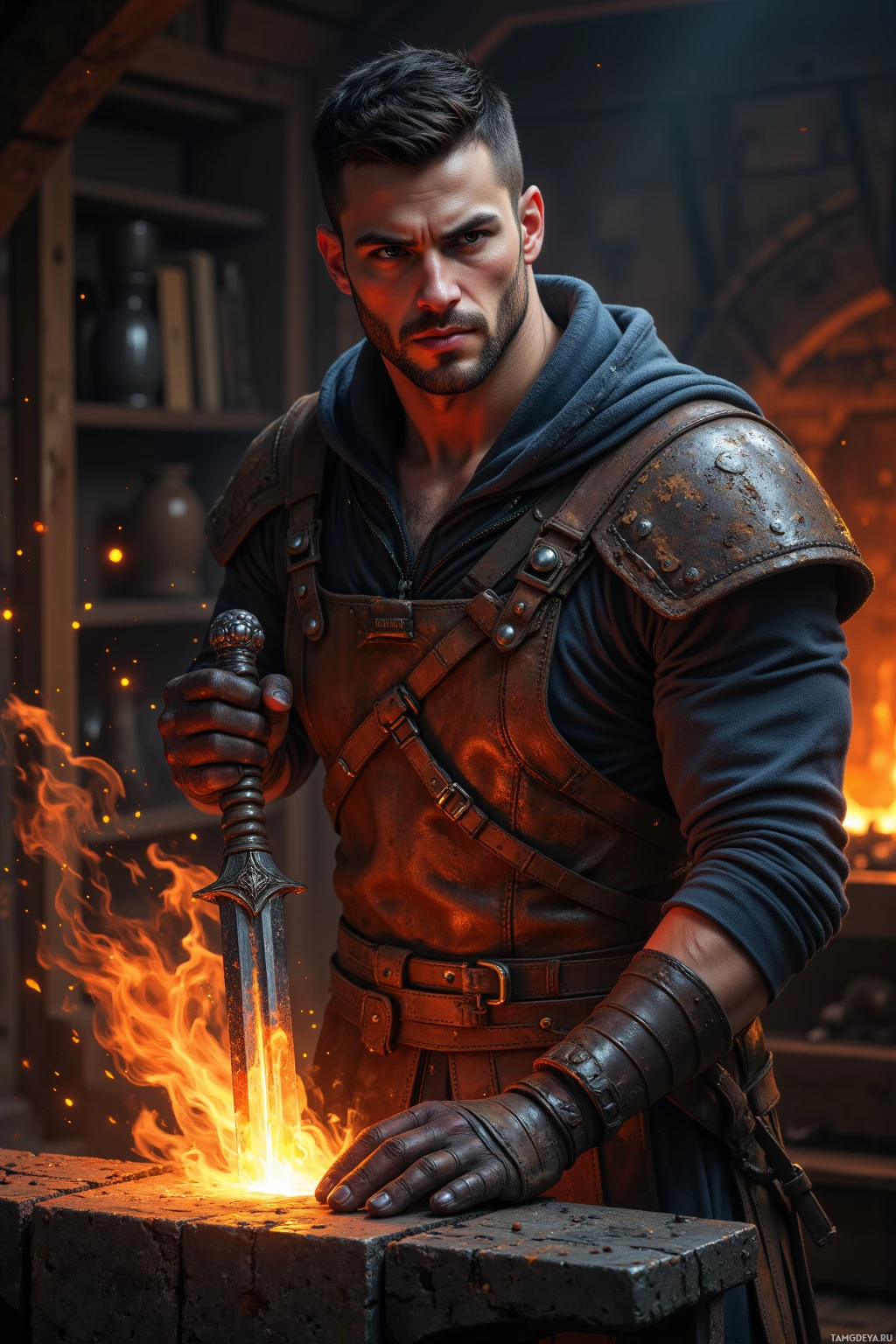 A man in medieval armor holds a flaming sword, standing by a forge.