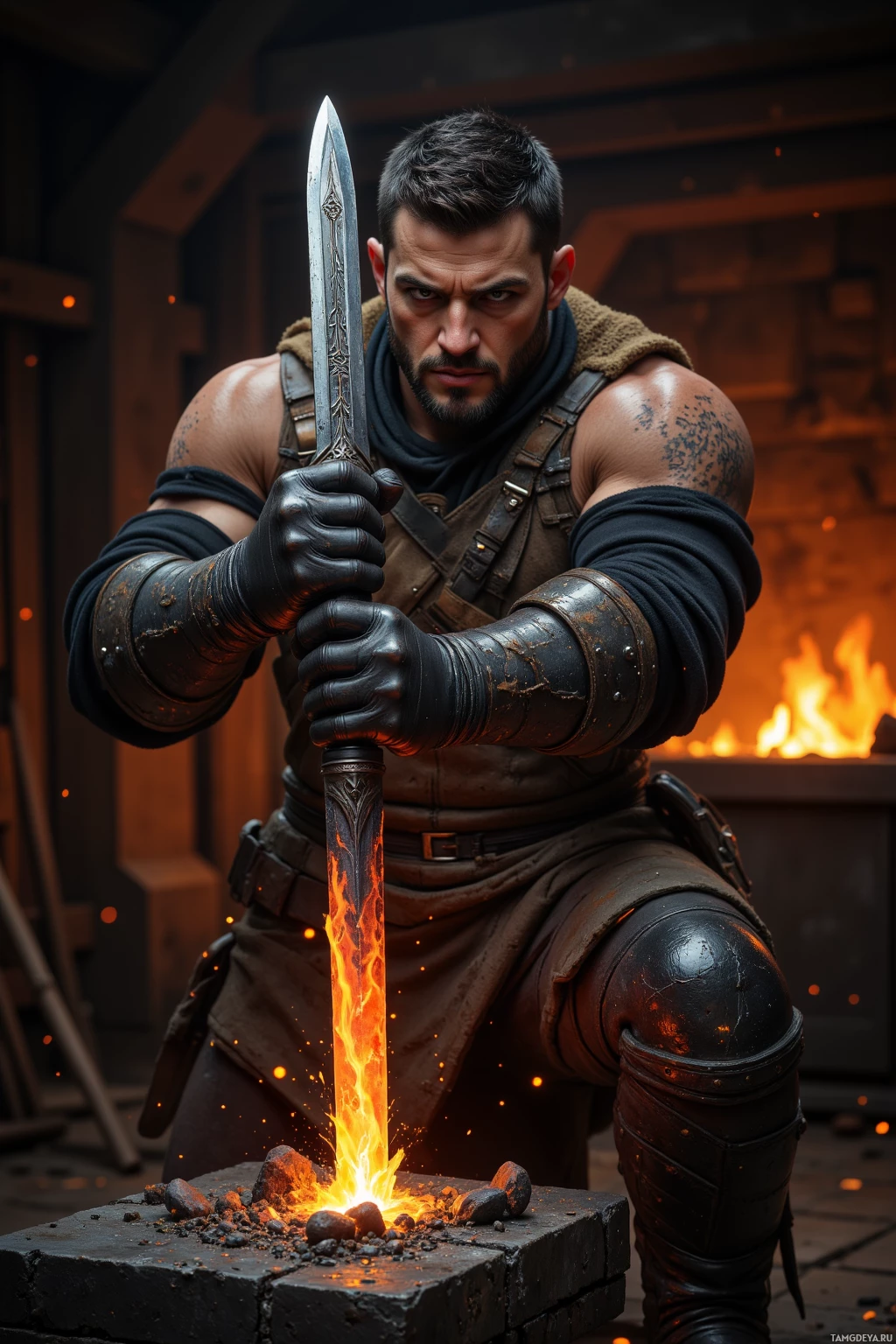 A muscular individual in armor holds a glowing sword over a forge.