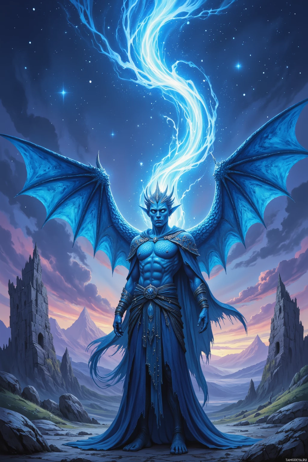A blue-winged dragon-like figure stands in a fantastical landscape under a starry sky.