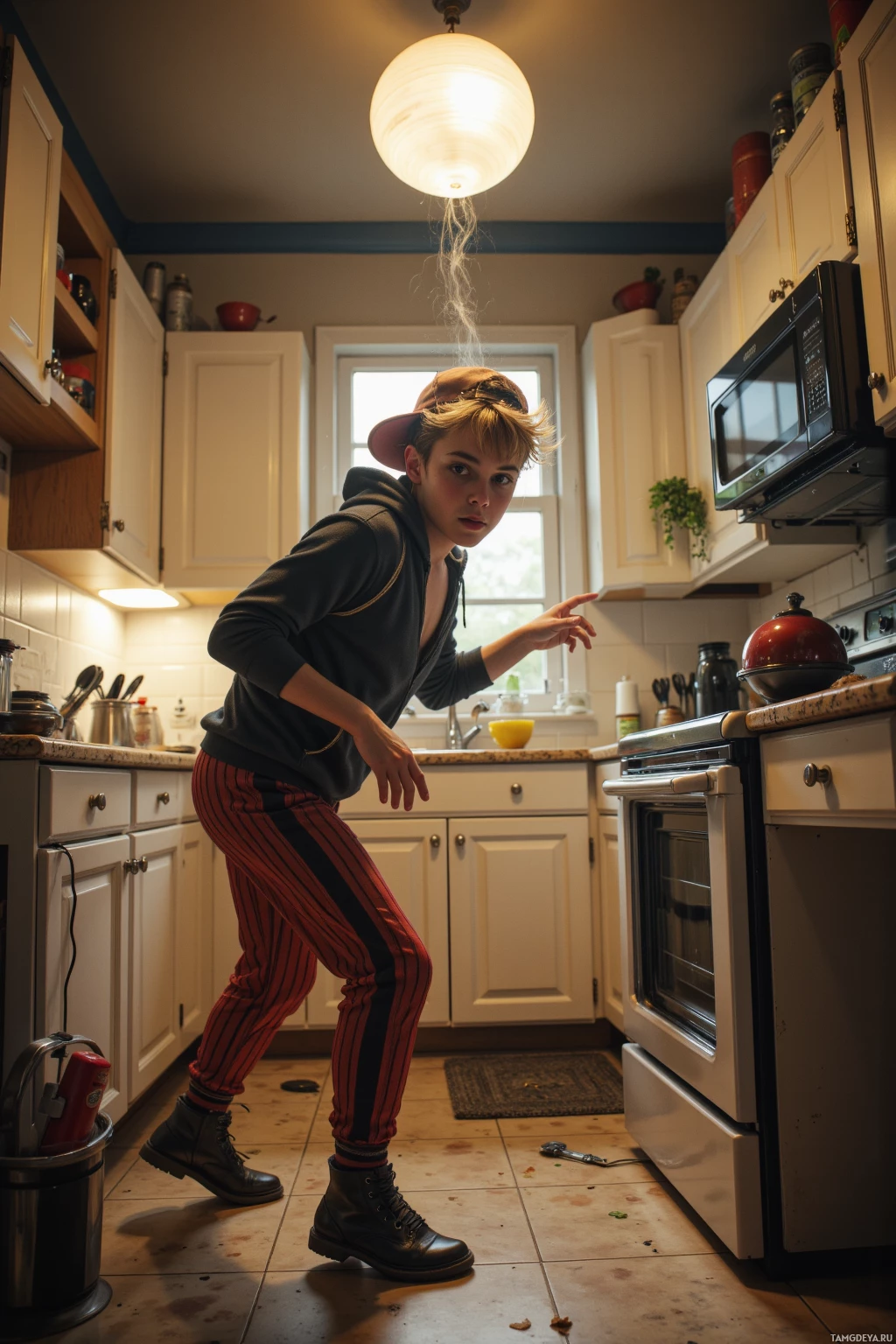 A person in a kitchen leans forward, pointing, with a light fixture above and scattered crumbs on the floor.
