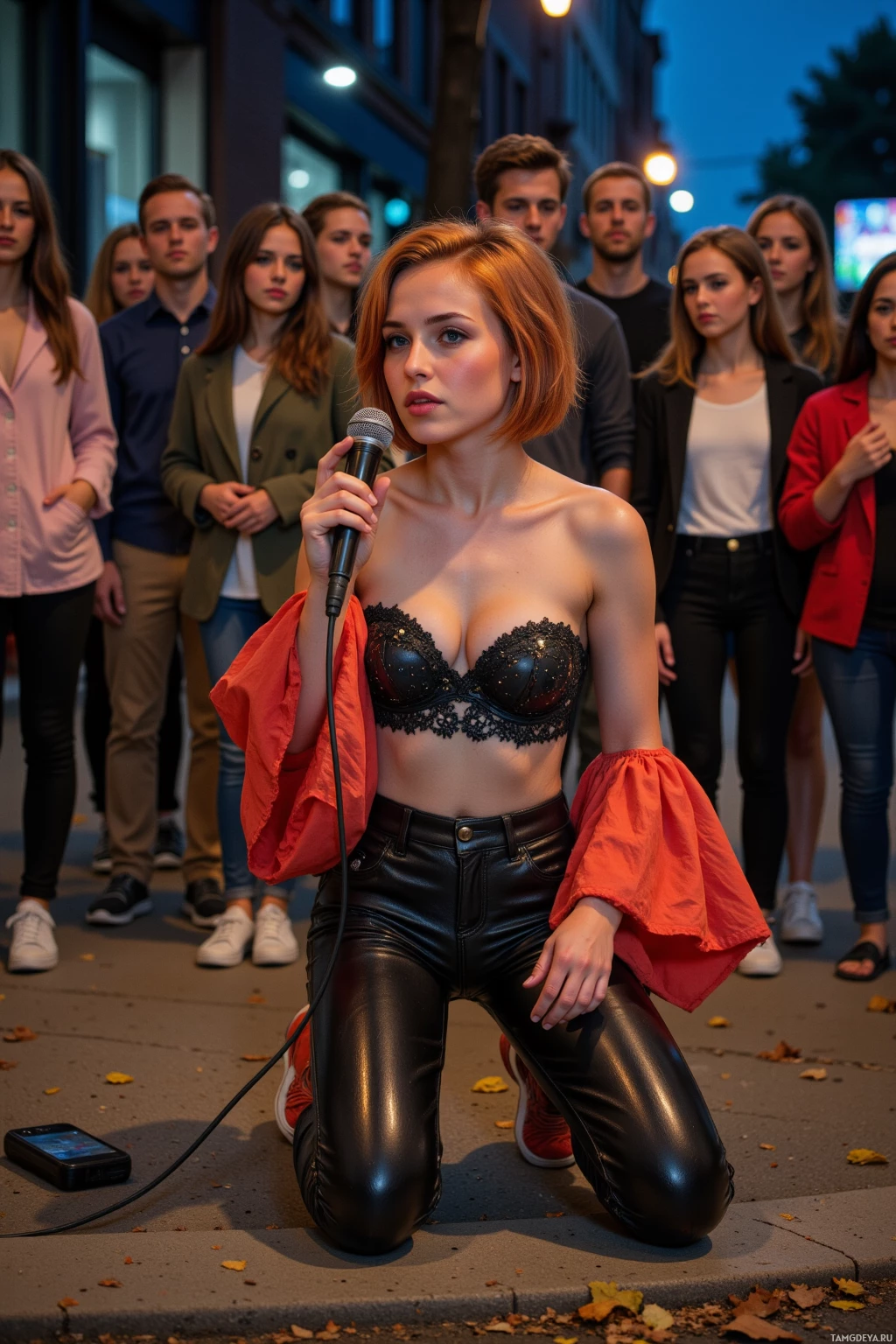 A woman in a black lace top and leather pants kneels on a sidewalk, holding a microphone, with a group of people standing behind her.