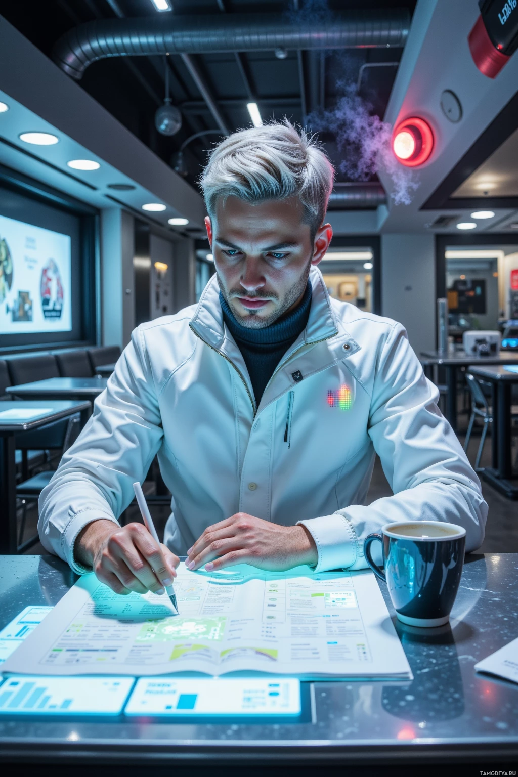 A person in a white jacket is working at a desk with a document and a coffee mug.