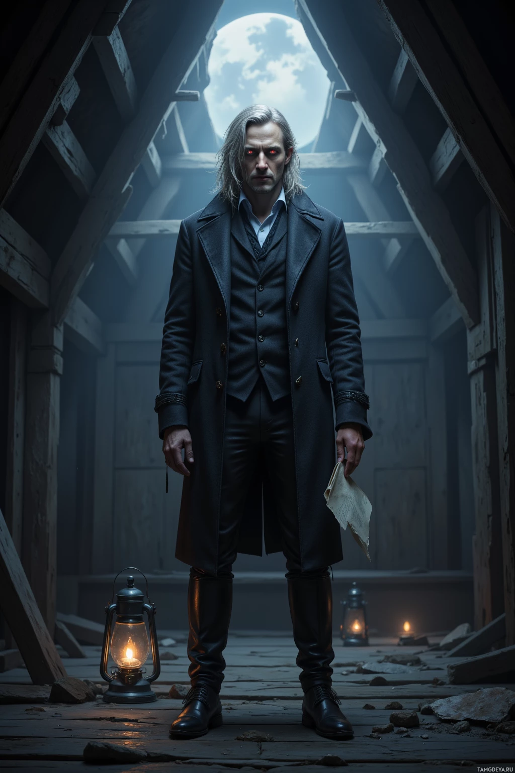 A man in a dark coat stands in a dimly lit, dilapidated room holding a lantern.