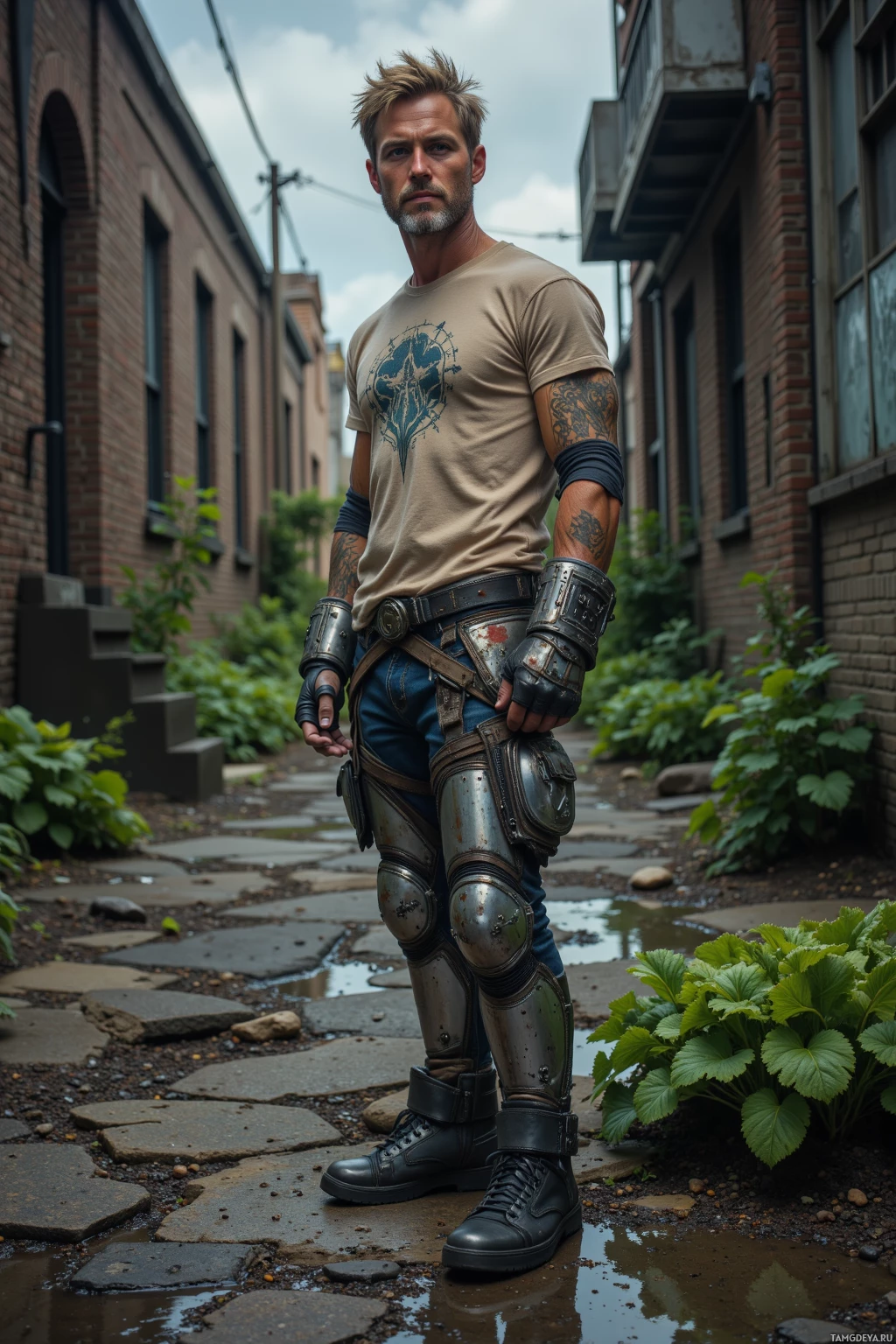 A man stands in an alleyway wearing a beige t-shirt, blue jeans, and metallic armor, with tattoos visible on his arms.