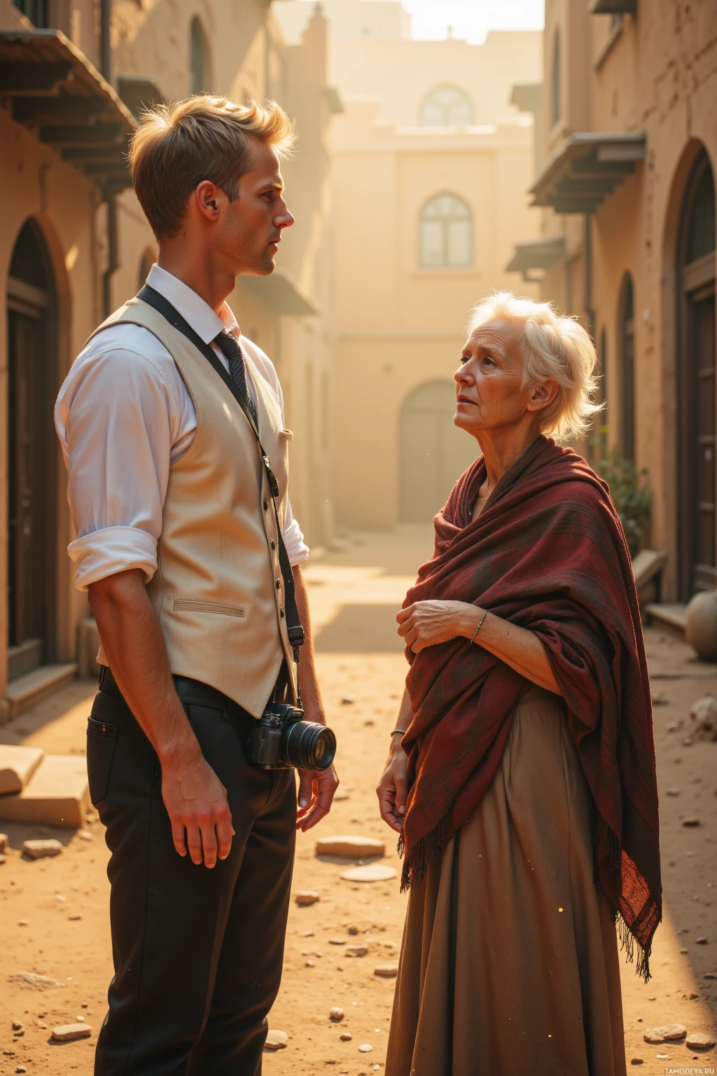 A man and an elderly woman stand in a sunlit alleyway, facing each other.