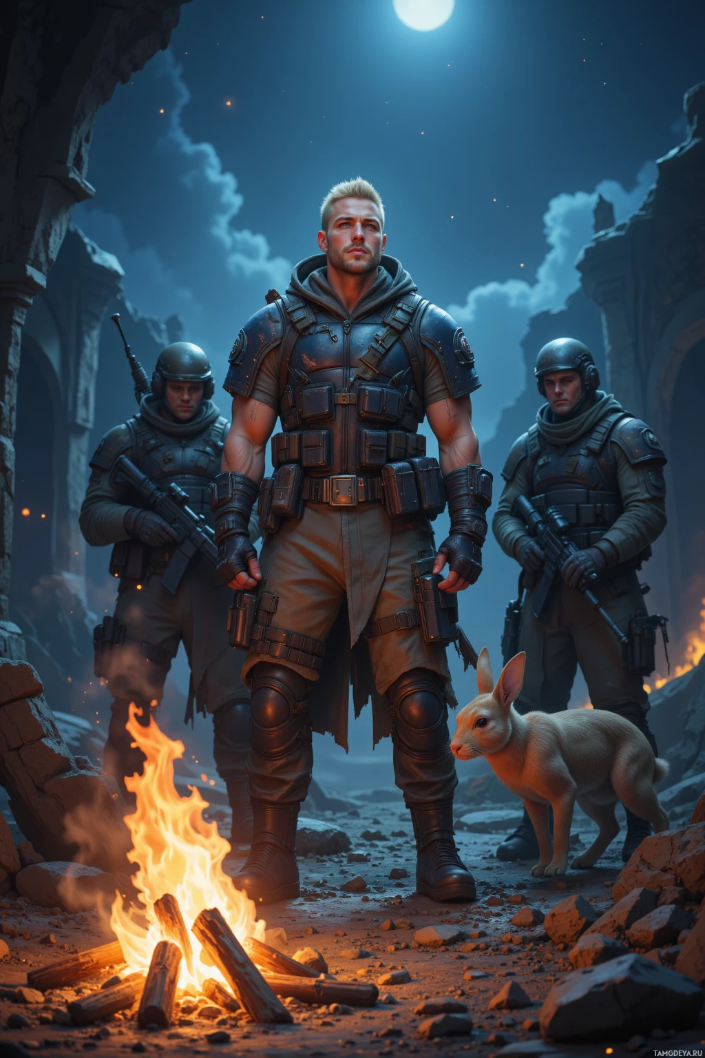 A group of soldiers stands in a ruined, moonlit landscape with a small rabbit near a campfire.