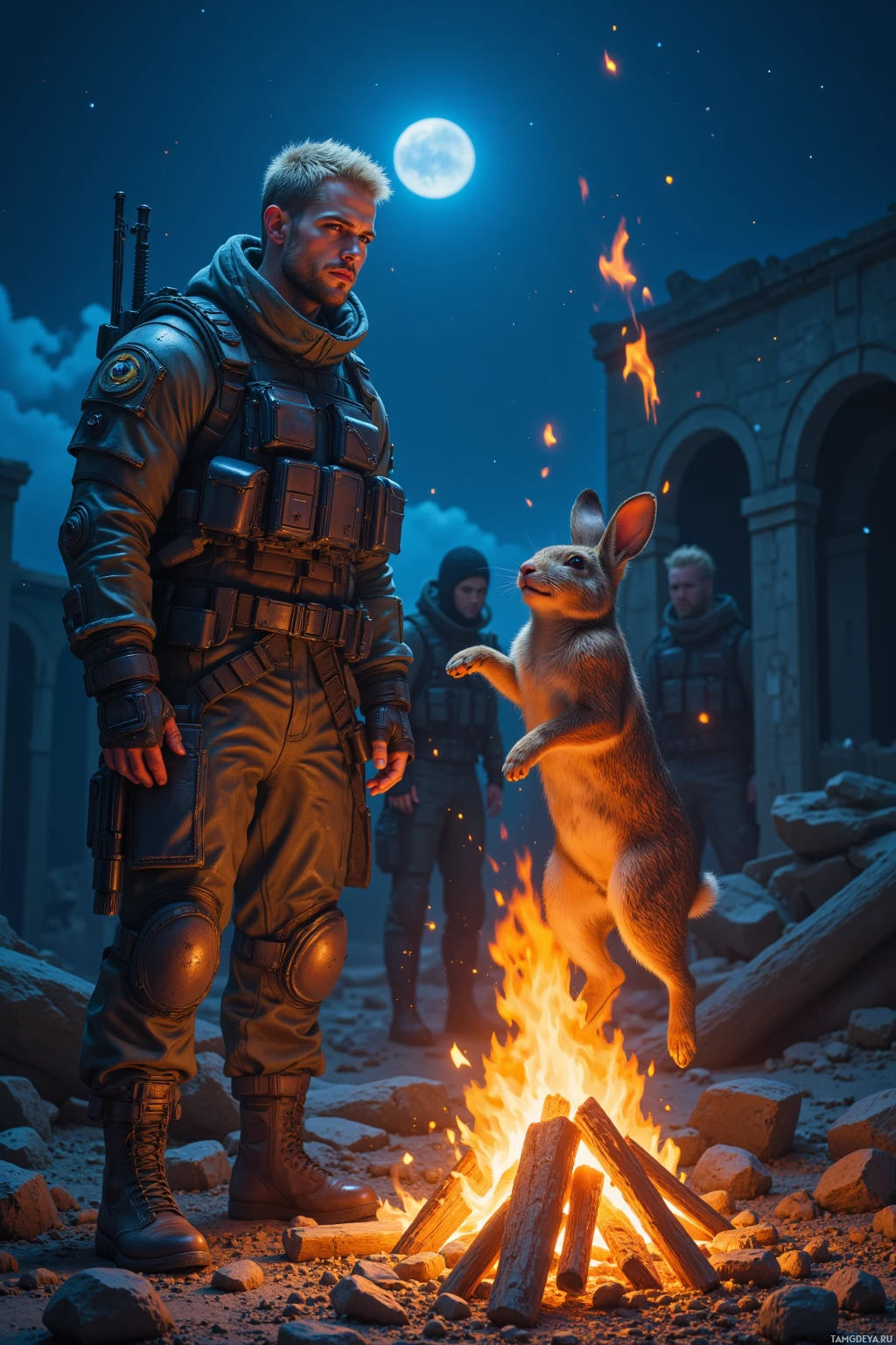 A soldier stands near a fire with a rabbit in a night scene.