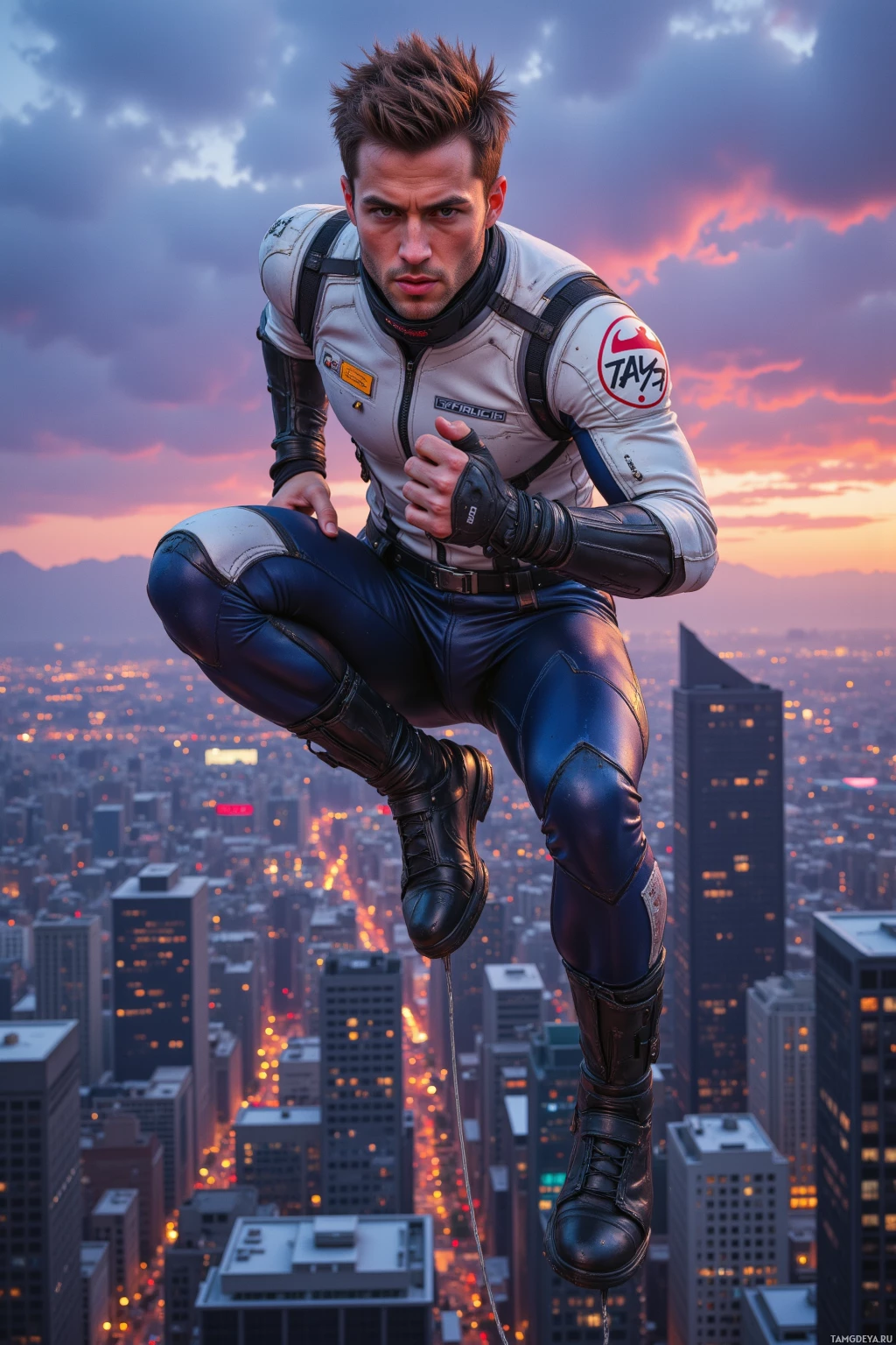 A person in a futuristic outfit is suspended in mid-air above a cityscape at sunset.