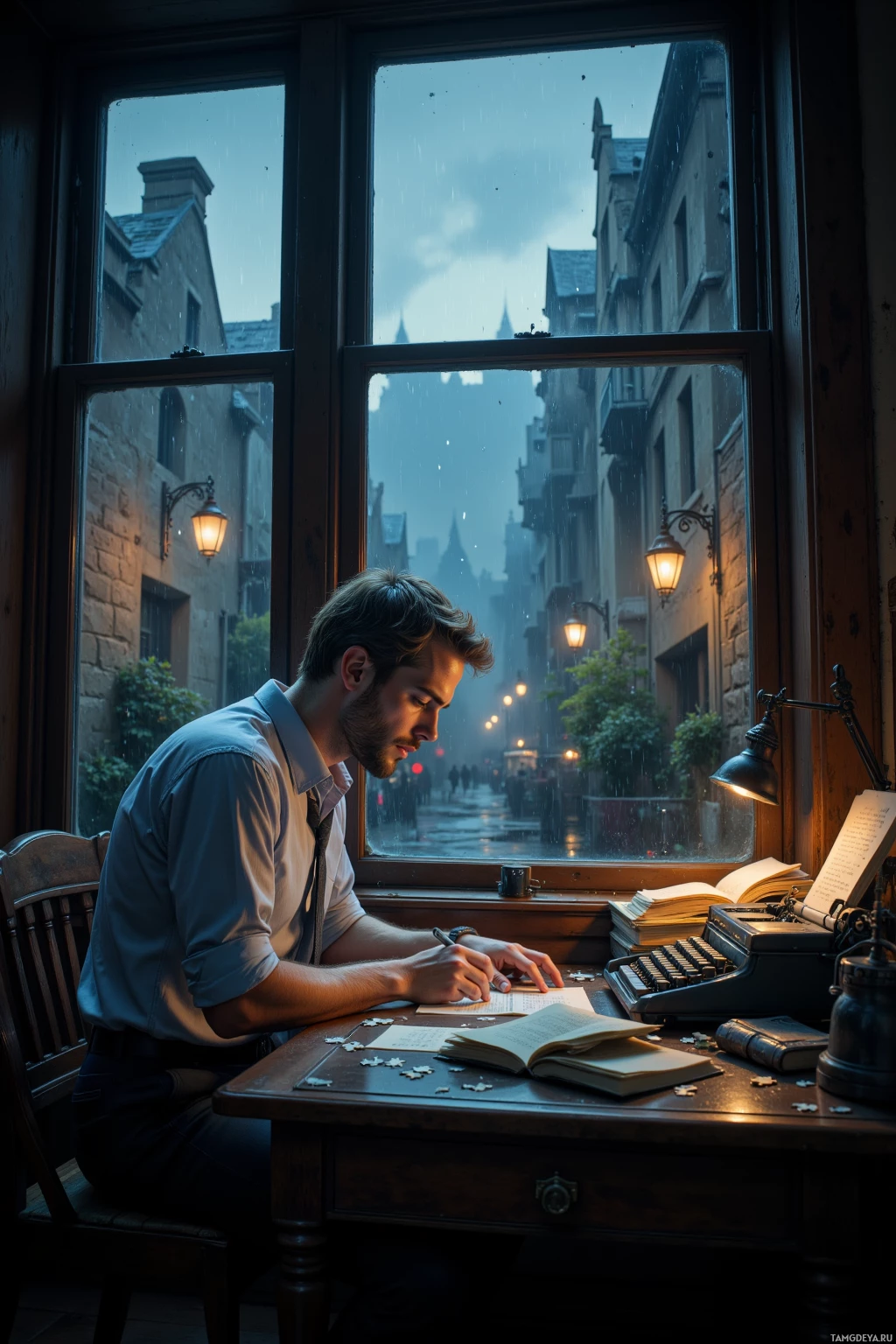 A man sits at a desk by a window, writing in a notebook with a typewriter and books nearby, as rain falls outside.
