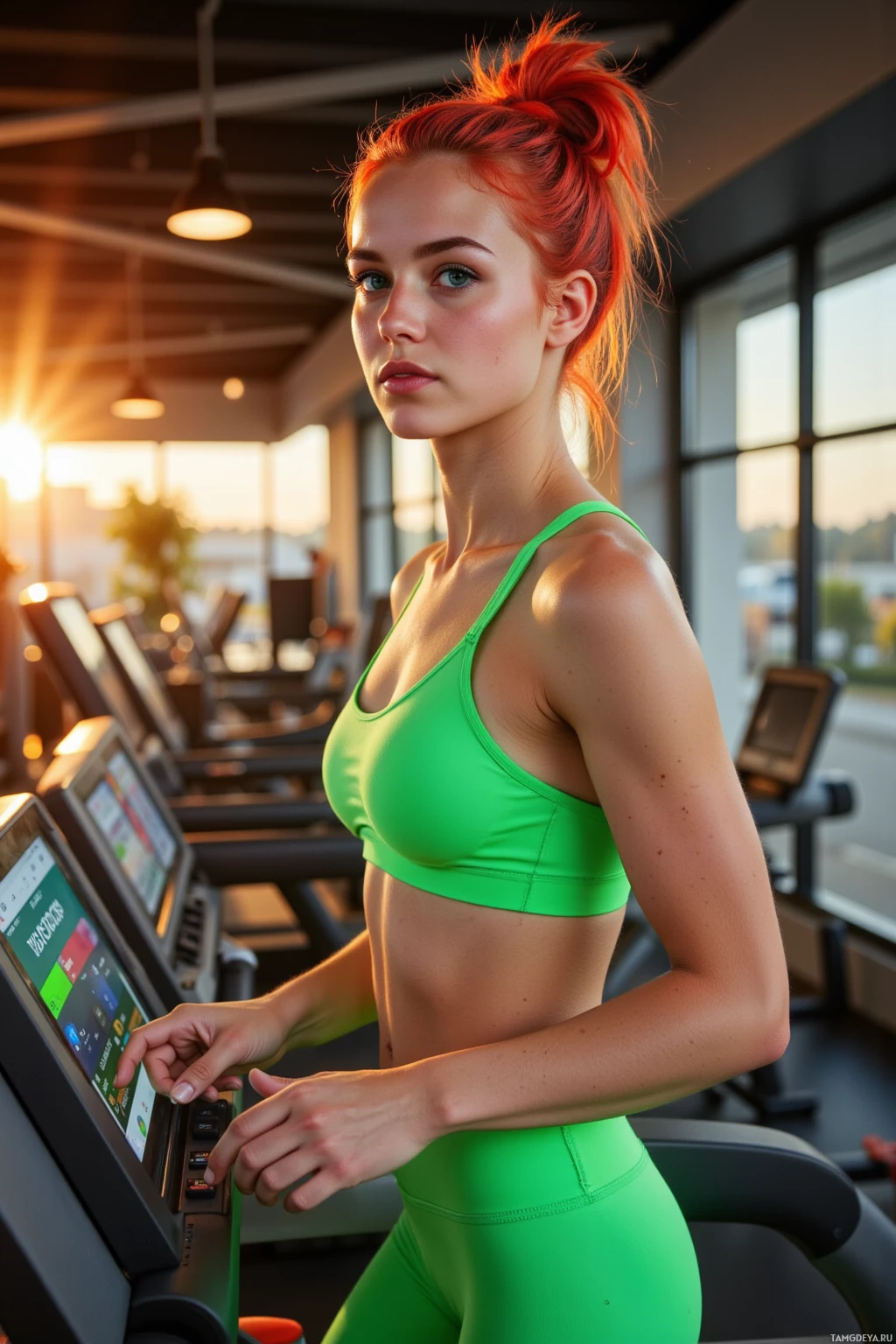 A woman in a green sports bra and leggings is using a treadmill in a gym.