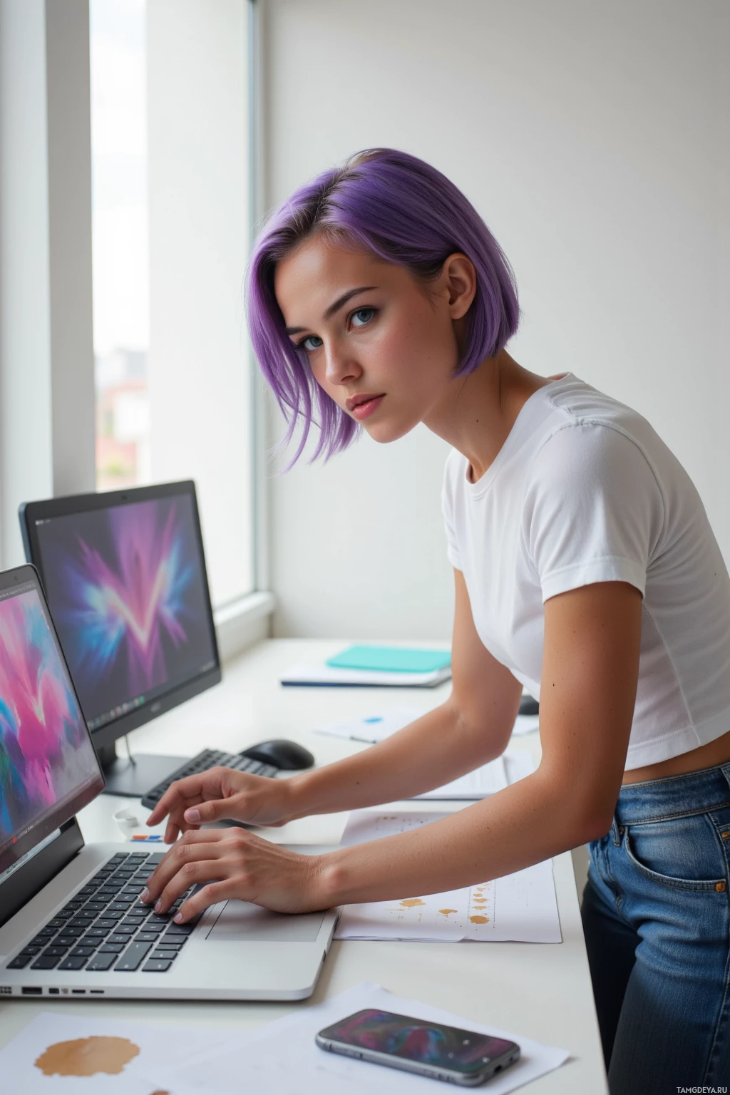 A person with purple hair is working at a desk using a laptop.