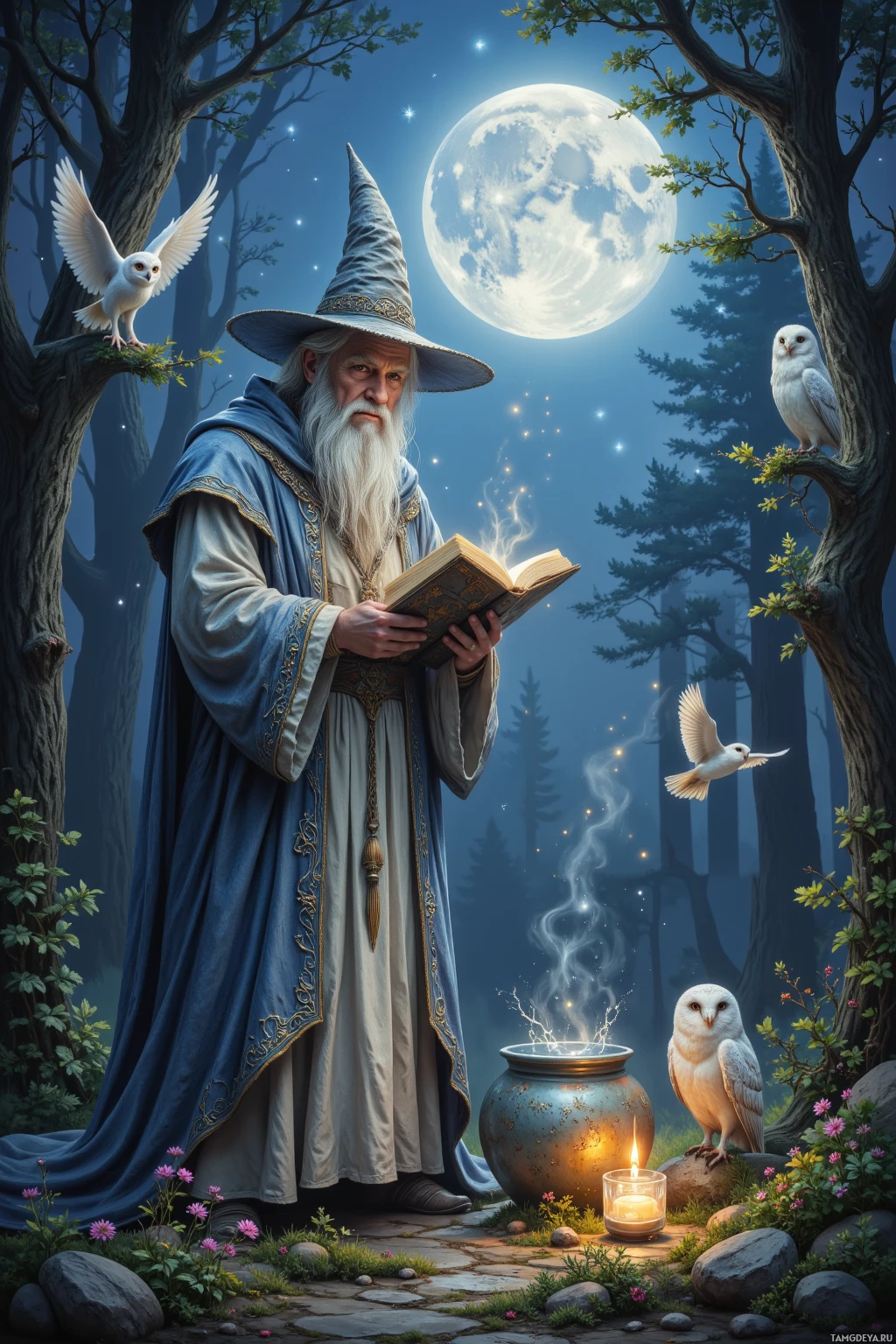 A wizard in a blue robe stands in a forest under a full moon, holding an open book with glowing magical energy.