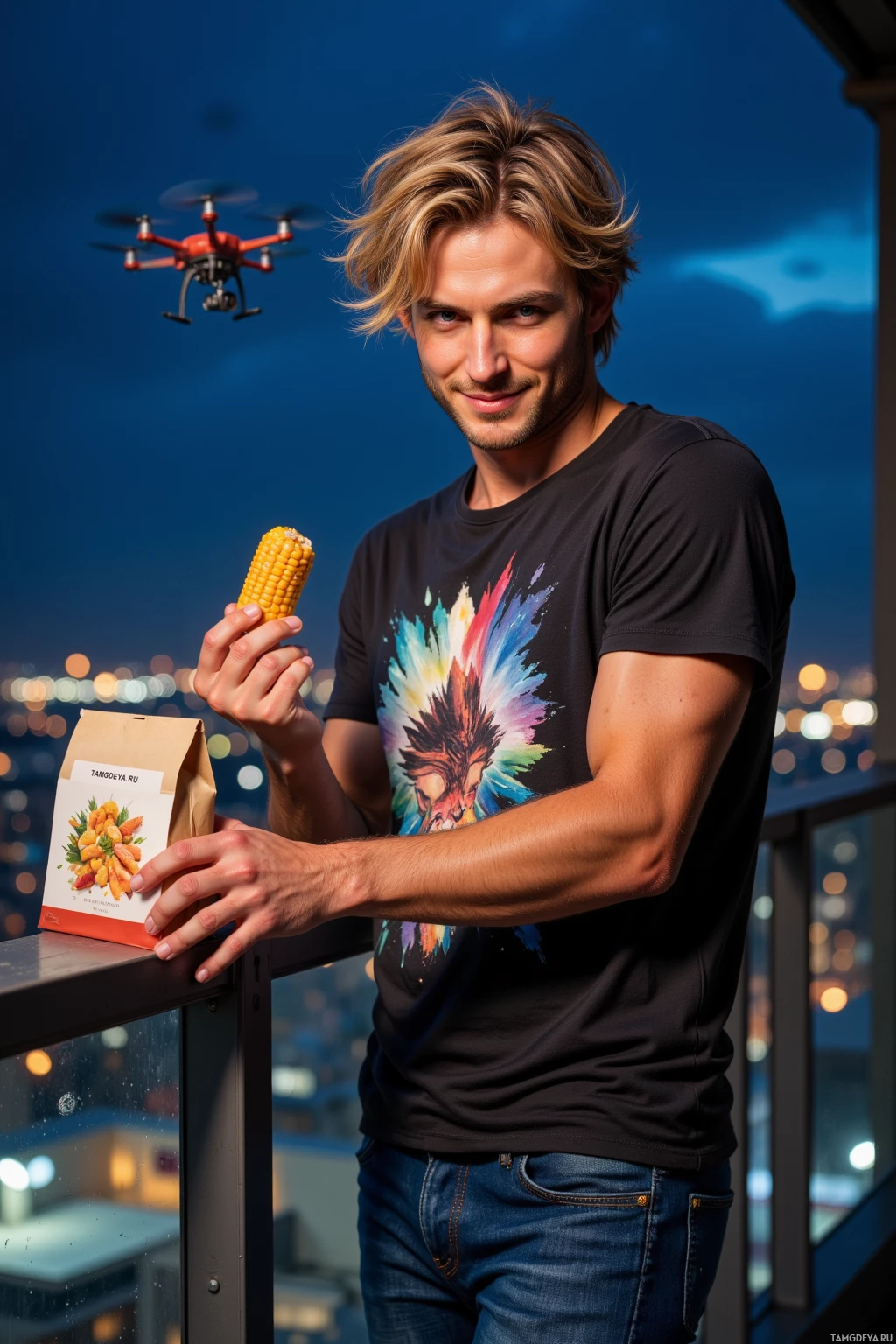 A person stands on a balcony at night, holding corn on the cob and a bag of carrots, with a drone flying above.