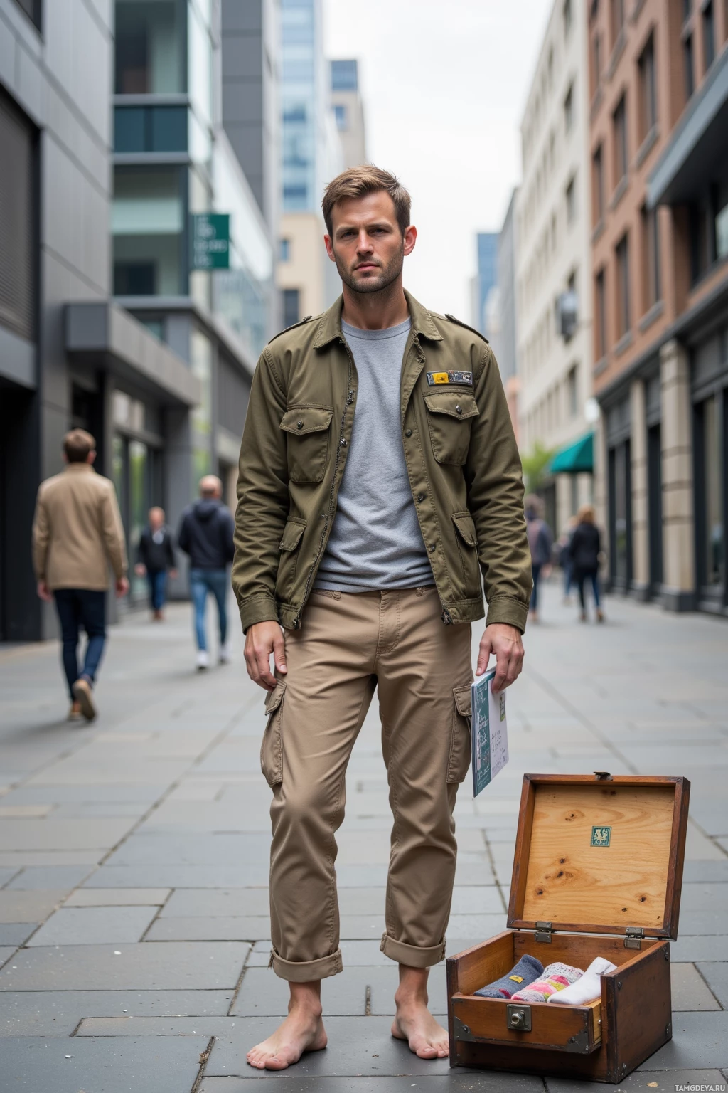 A man stands barefoot on a city street, holding an open wooden box with socks inside.