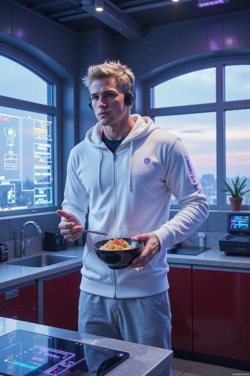 A person wearing headphones and a hoodie stands in a modern kitchen holding a bowl of food.