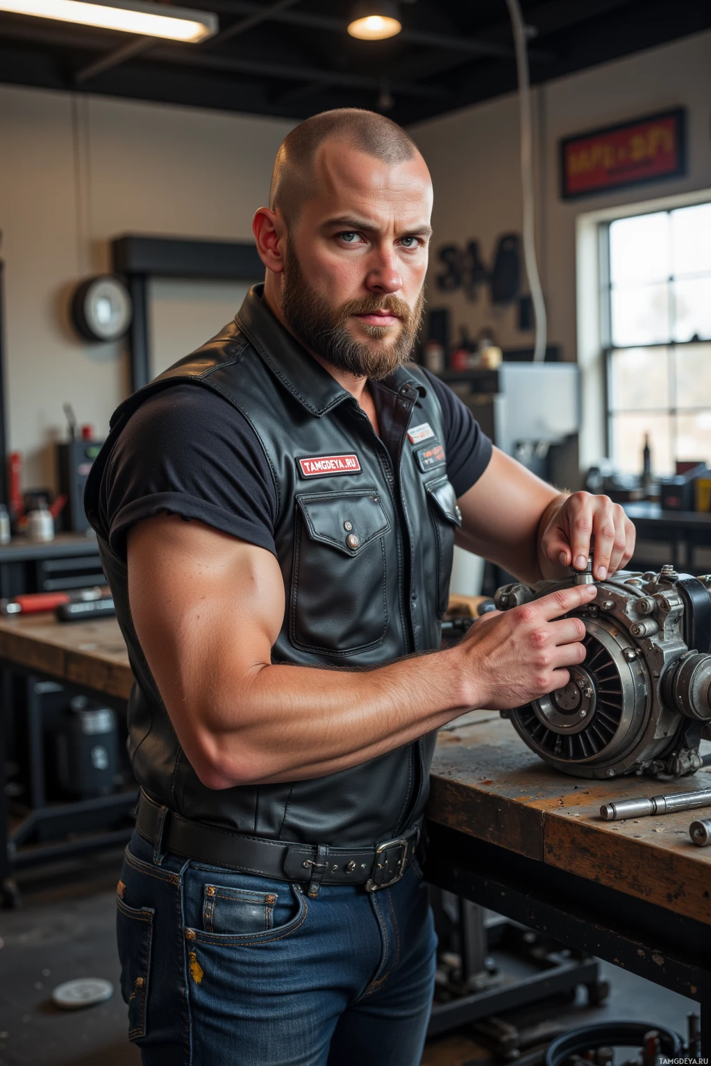 A muscular man in a leather vest works on a mechanical part in a workshop.