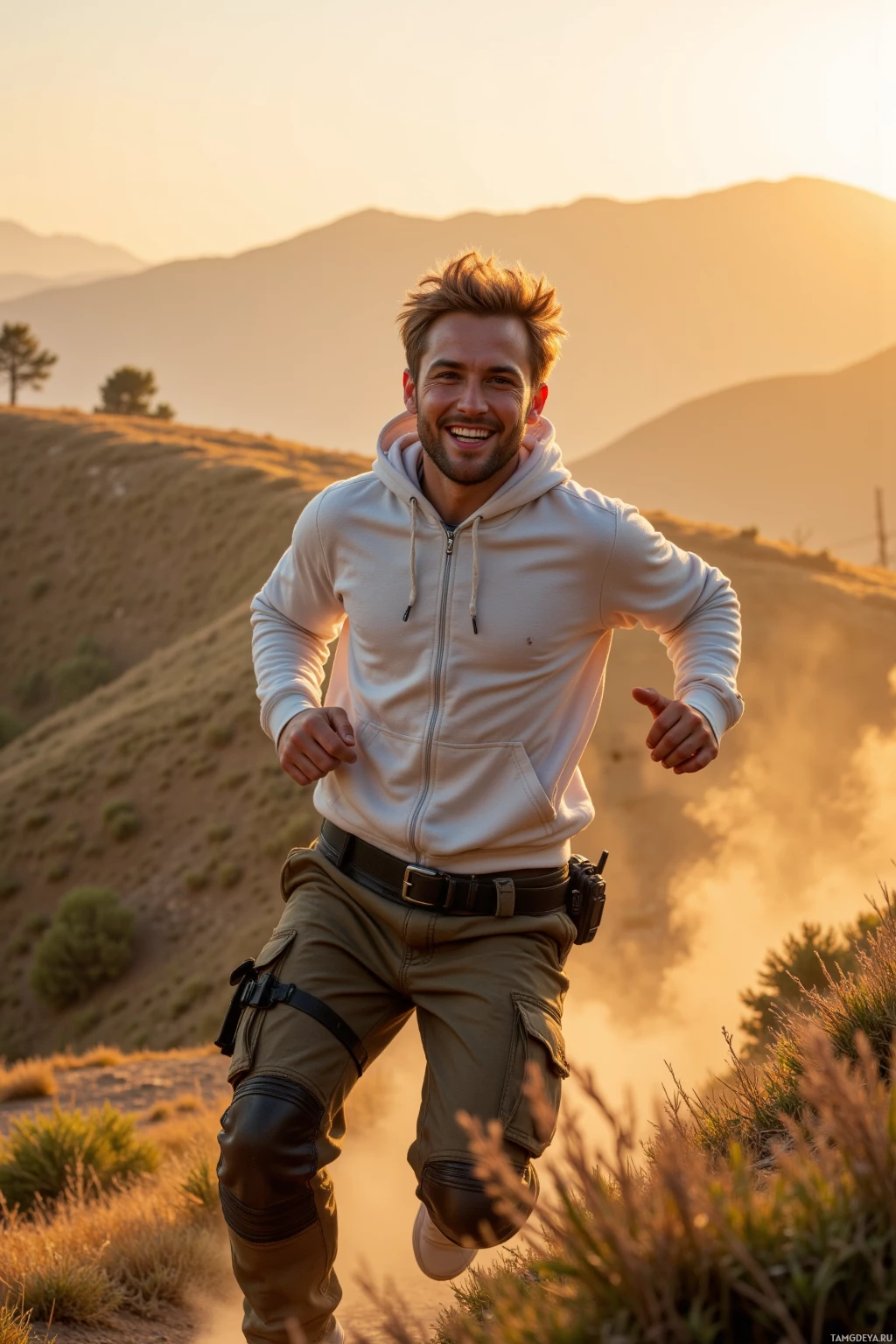 A man in a hoodie and cargo pants runs on a hillside at sunset.