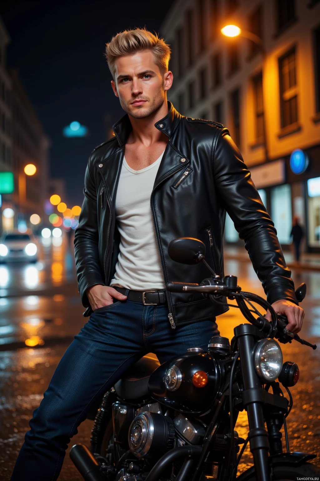 A man in a leather jacket and jeans poses on a motorcycle at night.