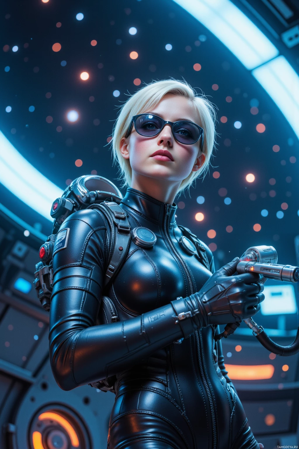 A futuristic character in a sleek black suit holding a device, set against a glowing, sci-fi background.